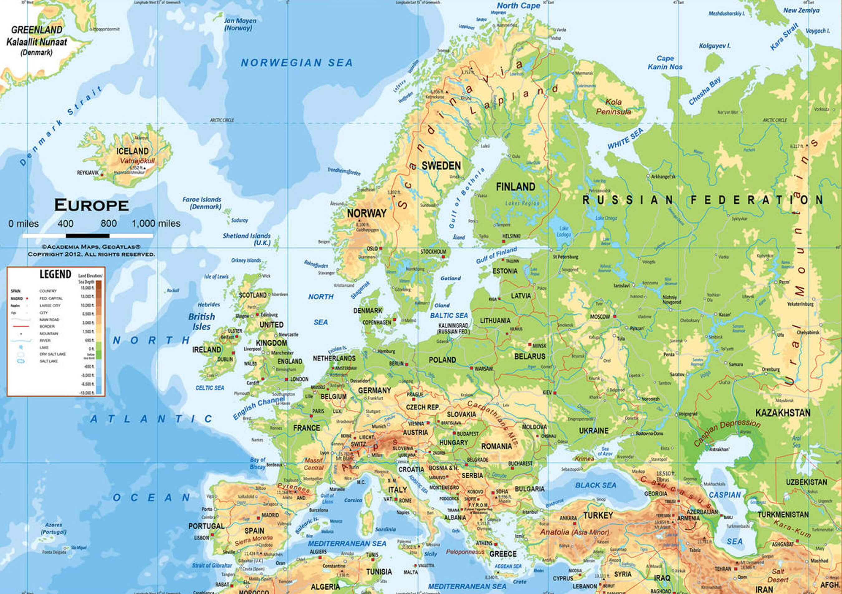 Carte physique Europe avec Russie detaillee