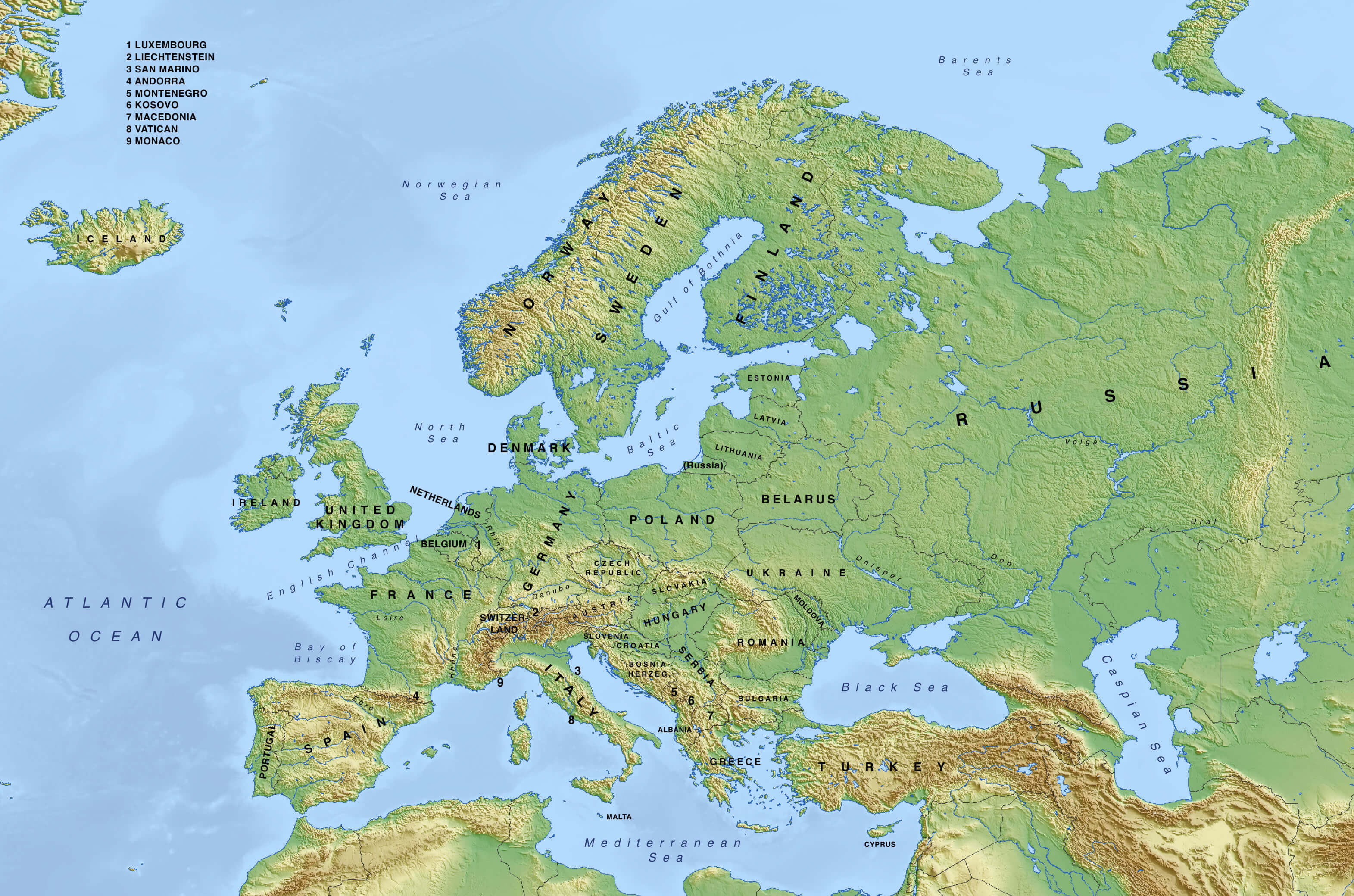 Carte physique Europe avec russie