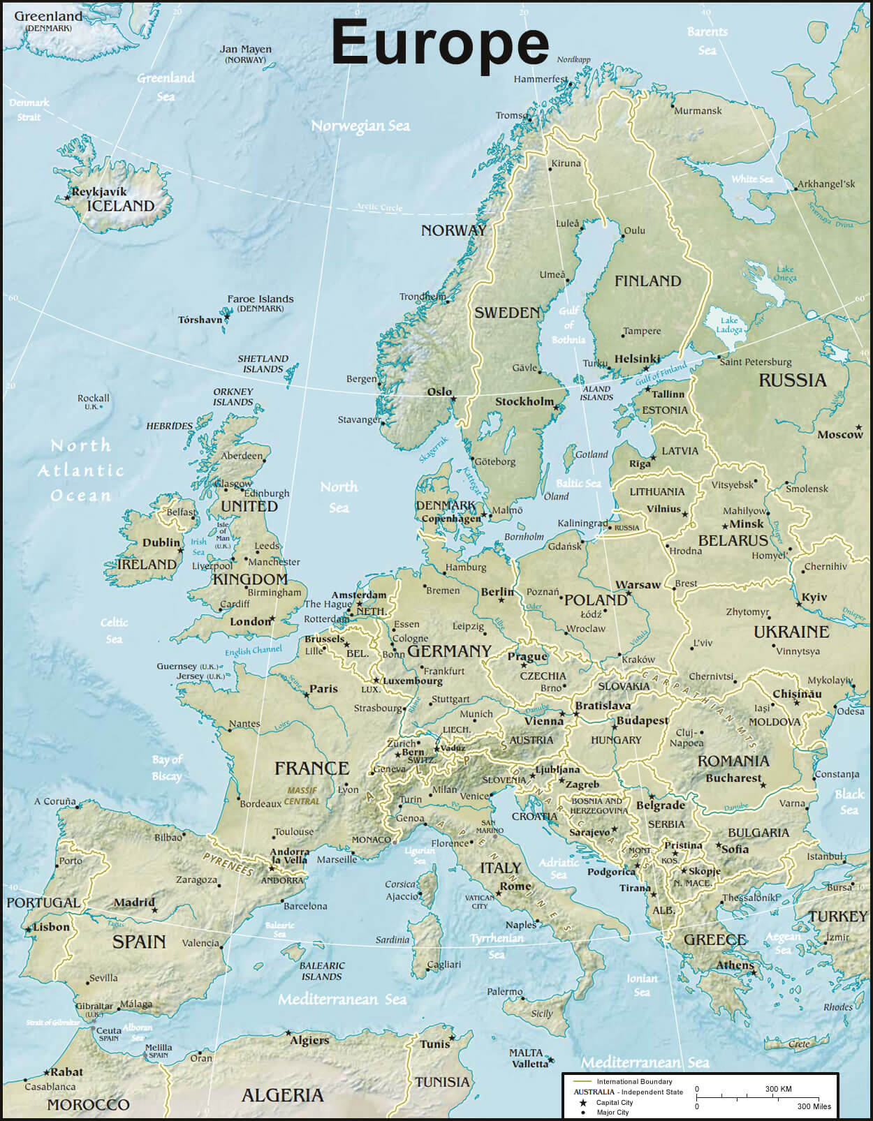 Carte physique Europe frontieres internationales