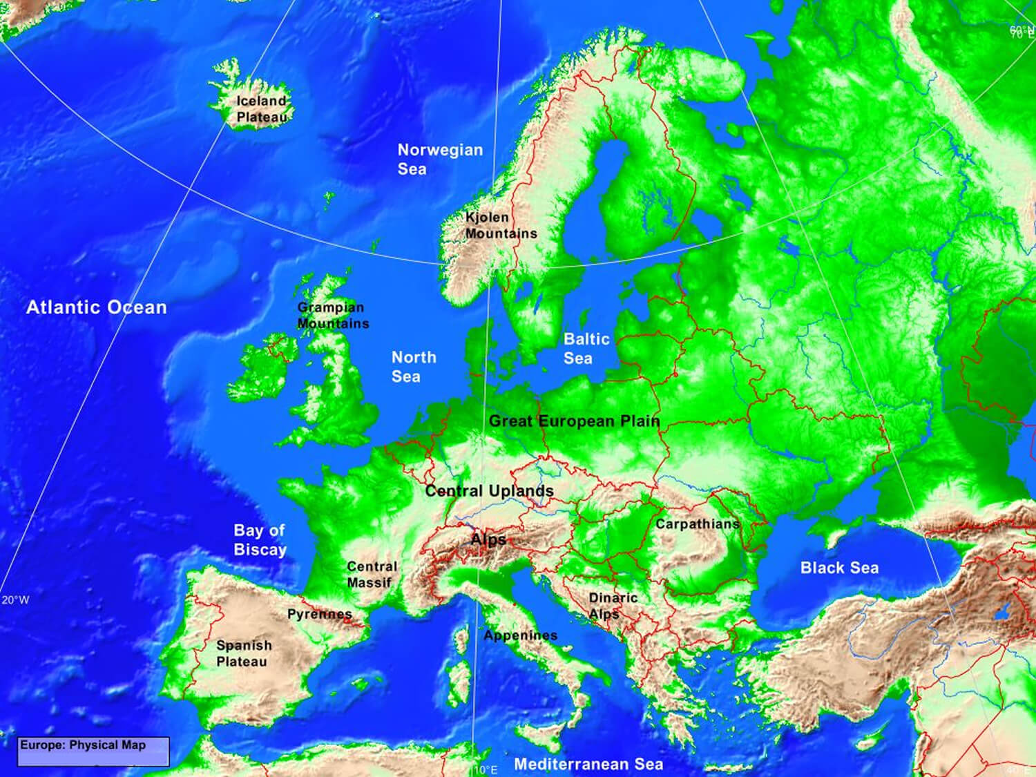 Carte physique Europe montagnes et plaines