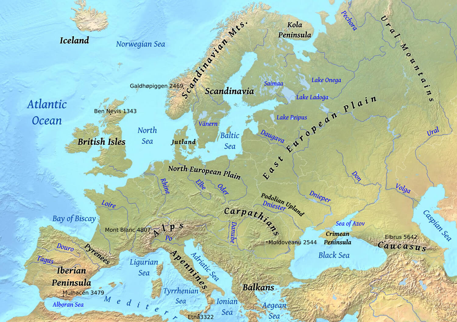 Carte physique Europe montagnes et rivieres