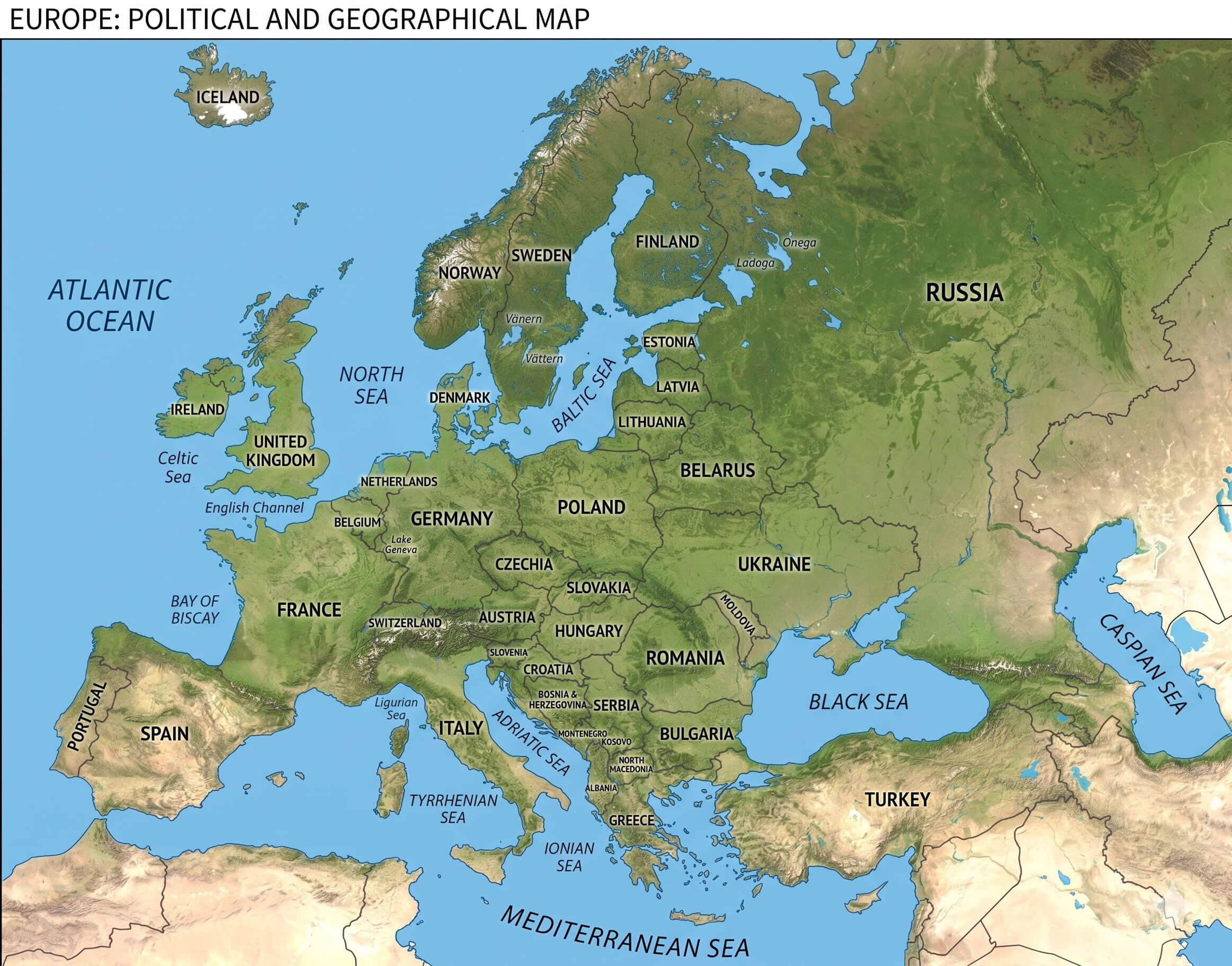 Carte physique satellite Europe