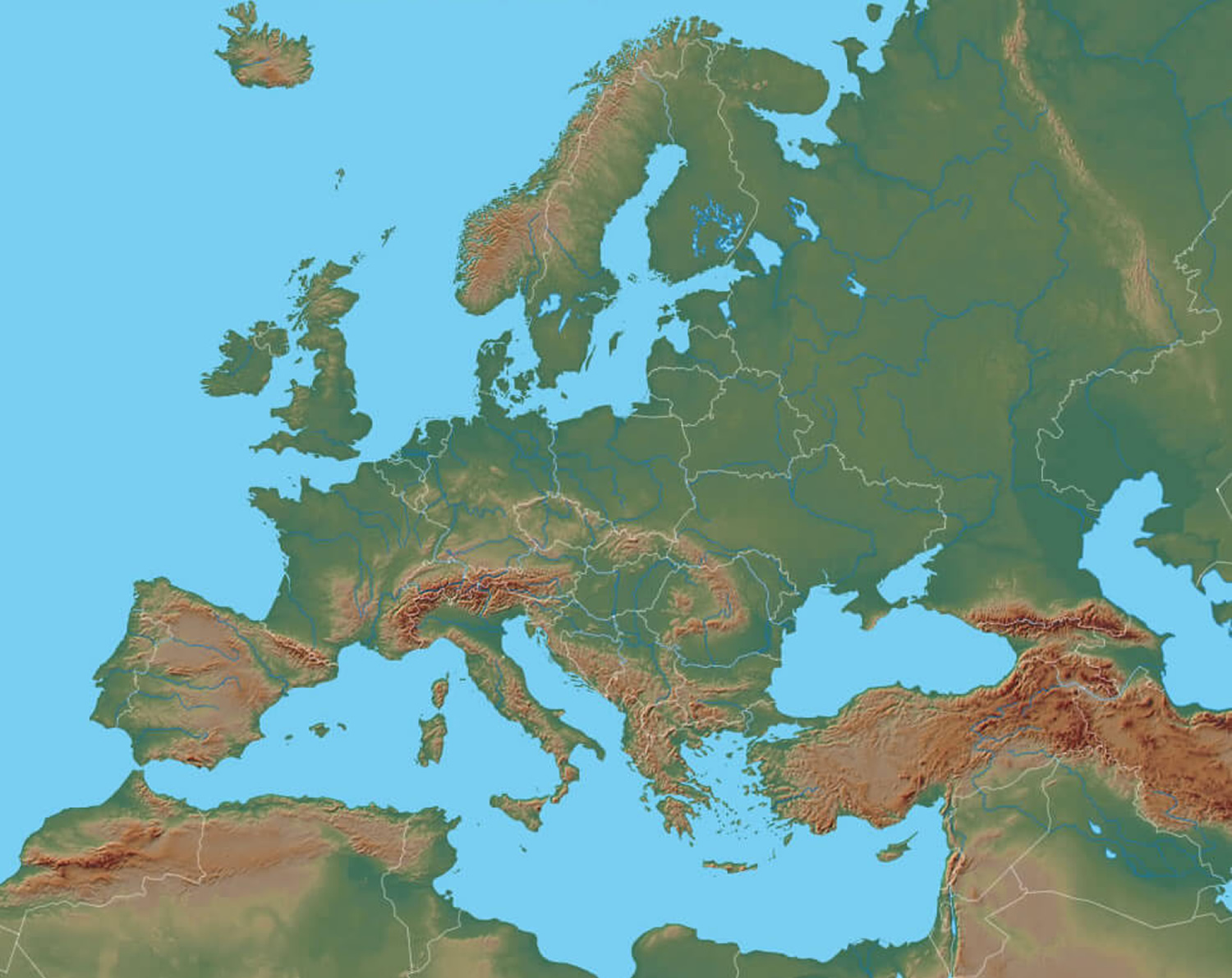 Carte relief Europe montagnes et plaines