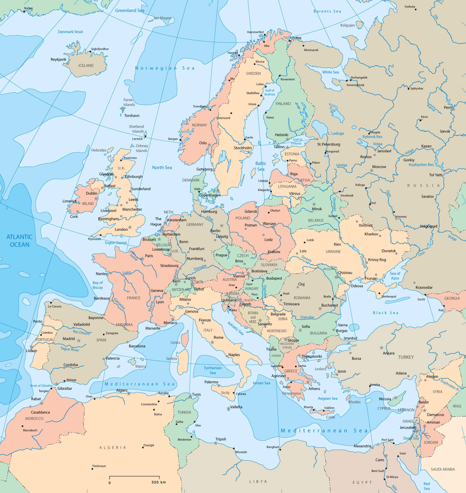 Carte politique Europe pays et rivieres