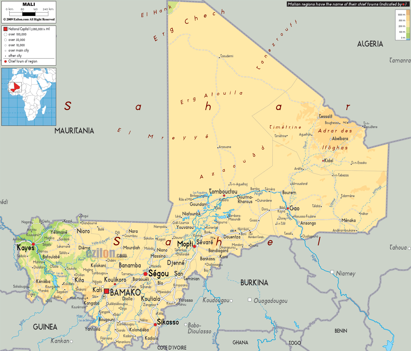Mali physique carte