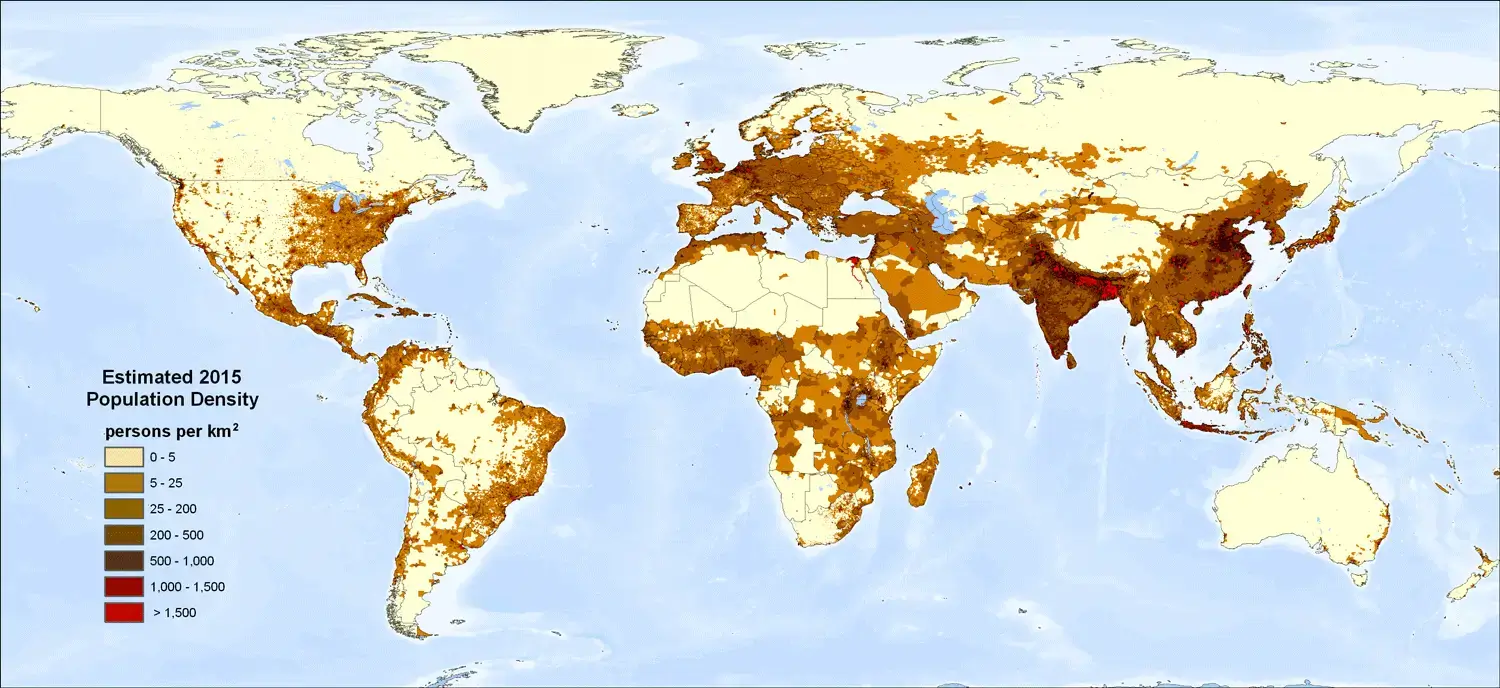 Carte densite de population mondiale