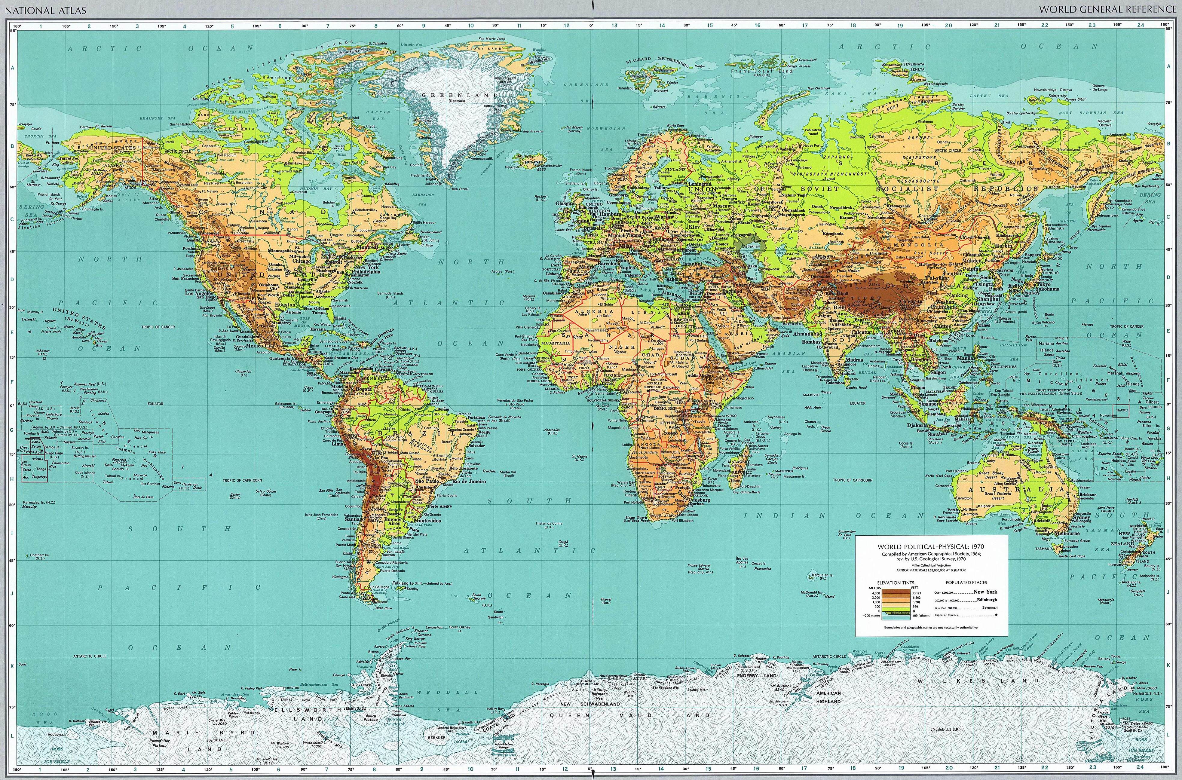 Carte physique du Monde et pays