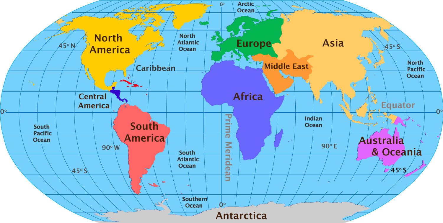 Carte des continents du Monde avec antarctique