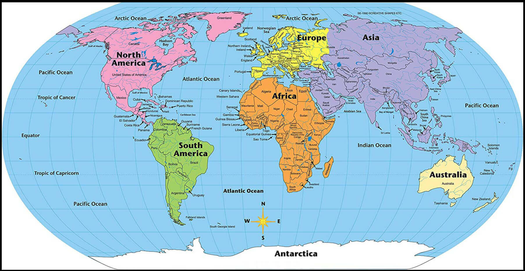 Carte des continents du Monde avec pays