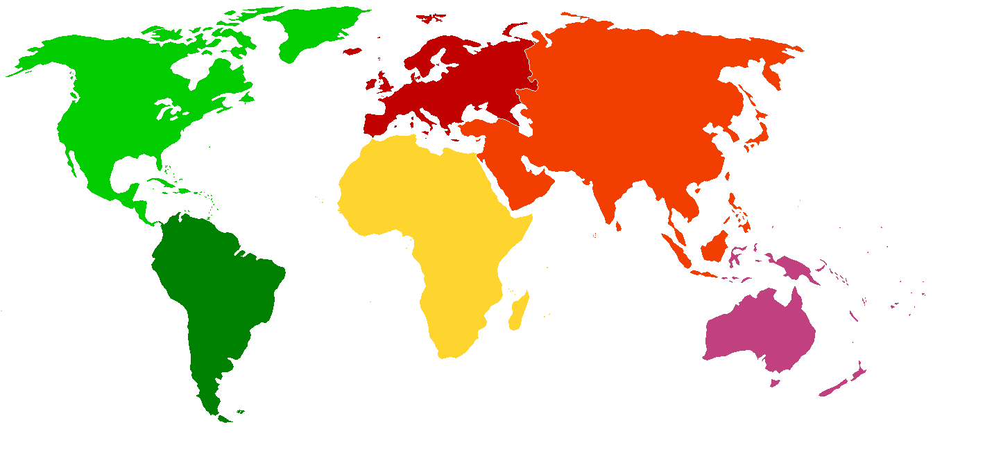 Carte des continents du Monde coloree