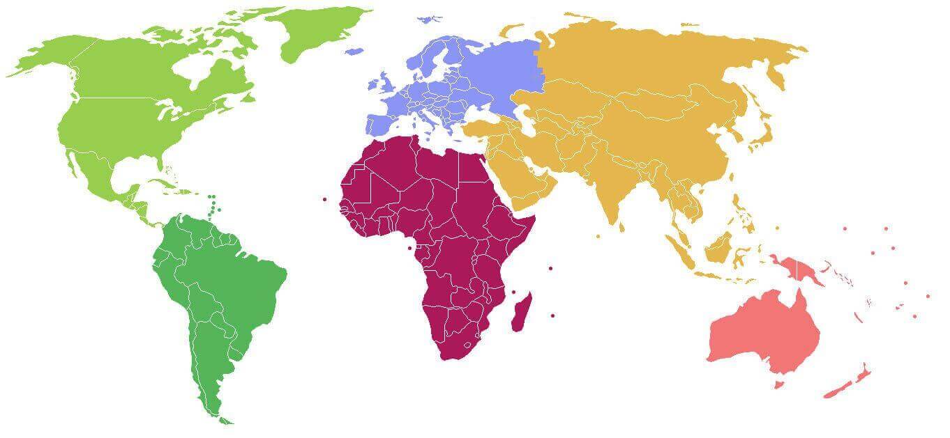 Carte des continents du Monde en couleurs