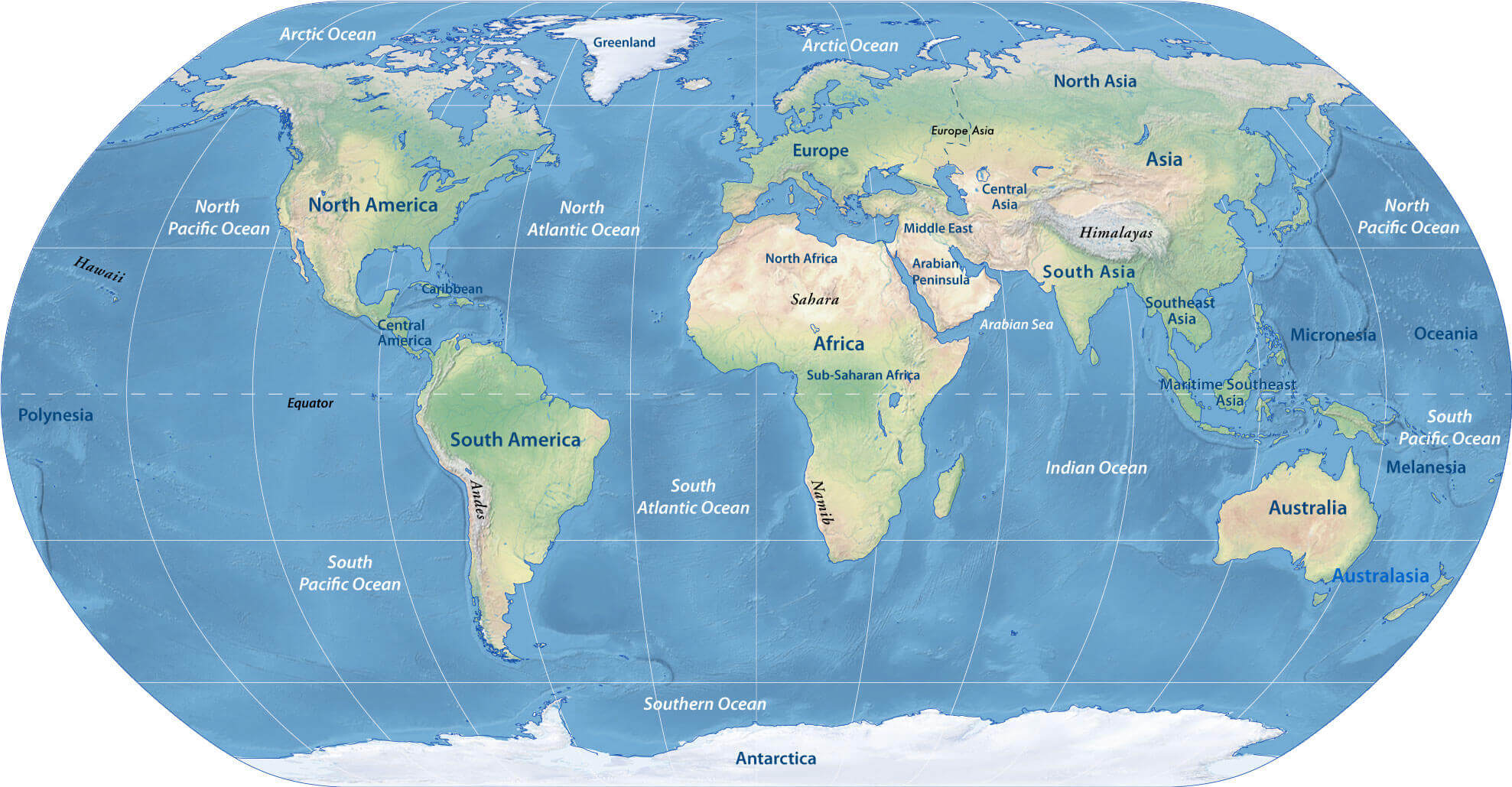 Carte des continents du Monde topographique