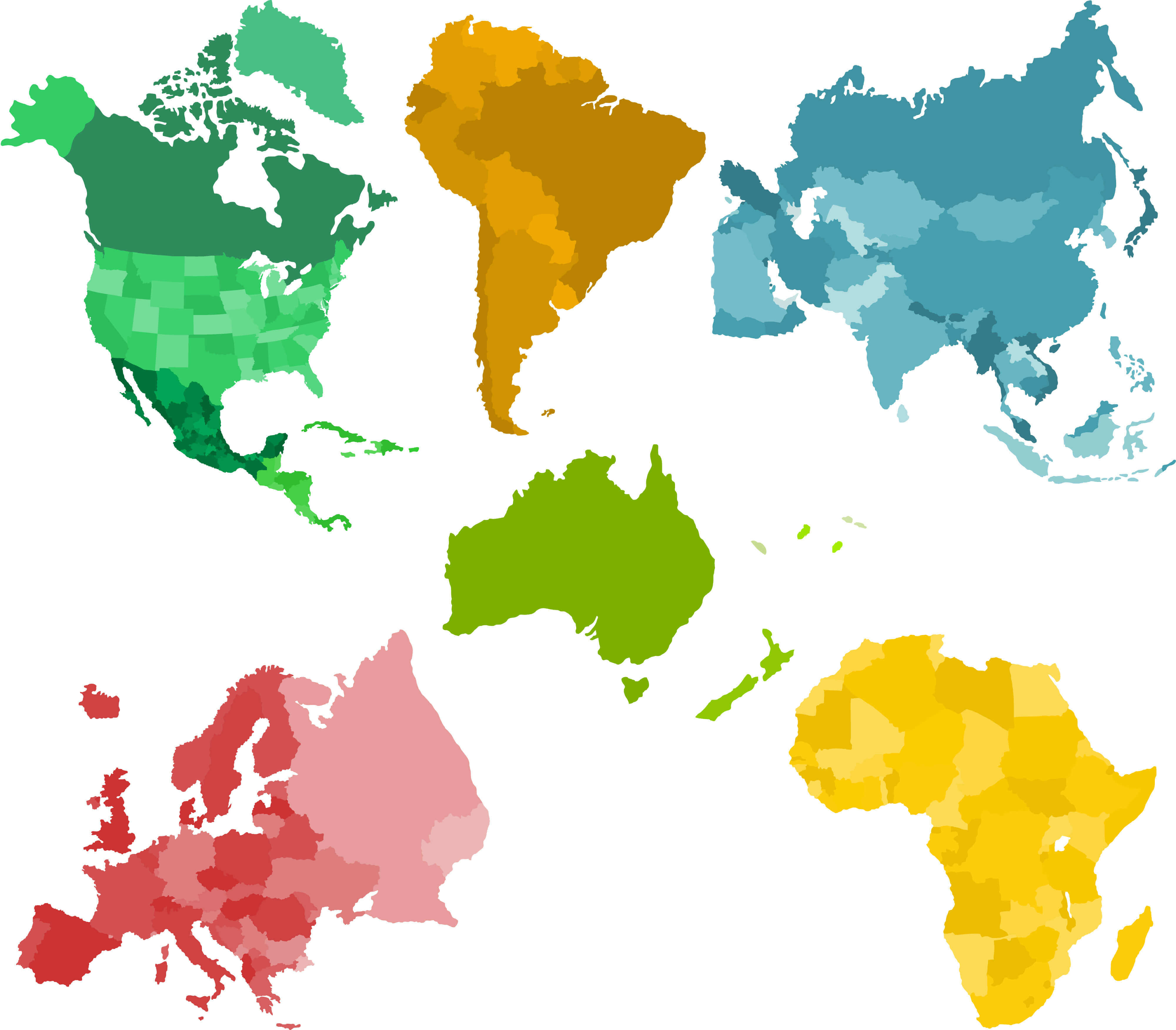 Carte du Monde des 6 continents