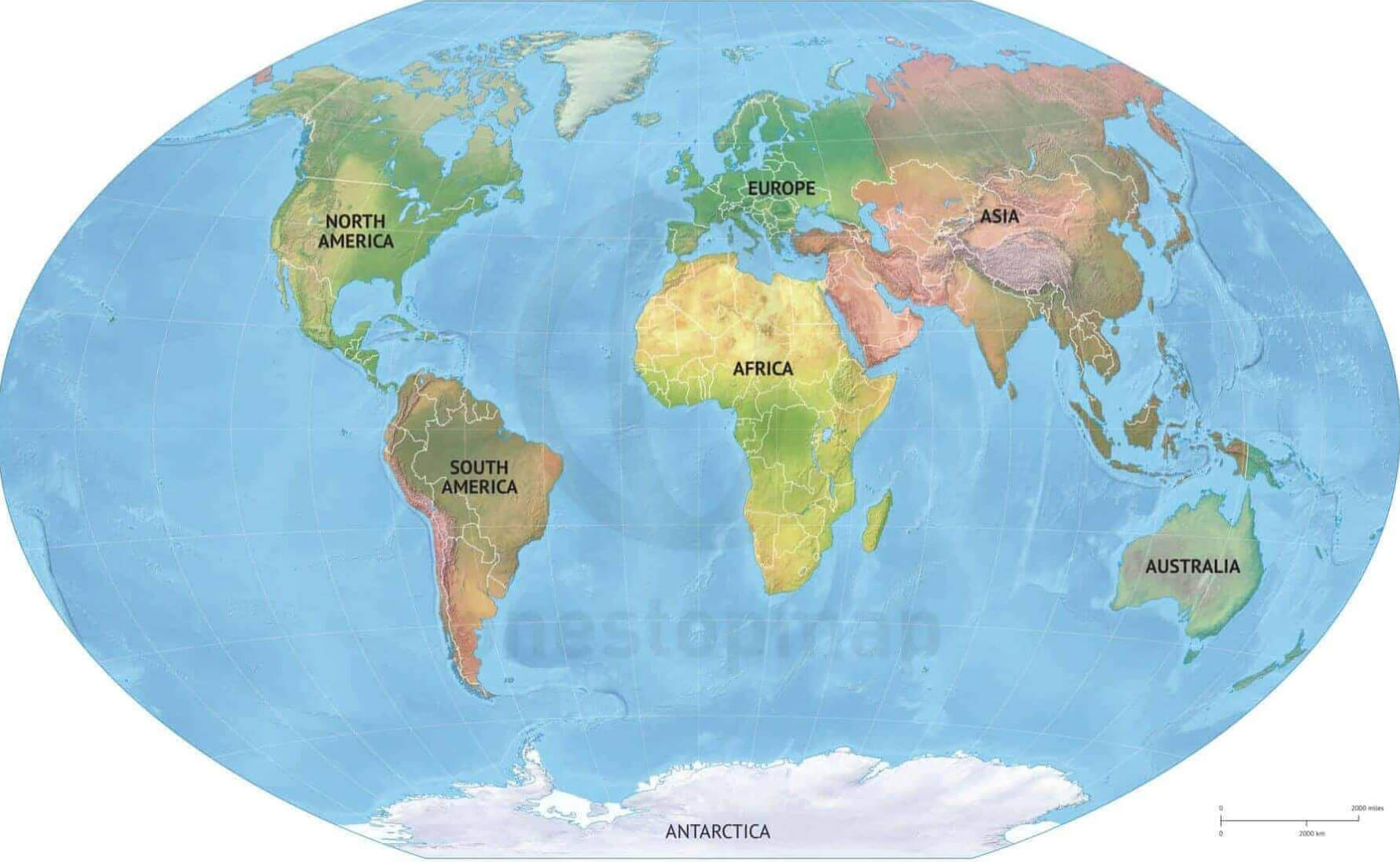 Carte physique des continents du Monde