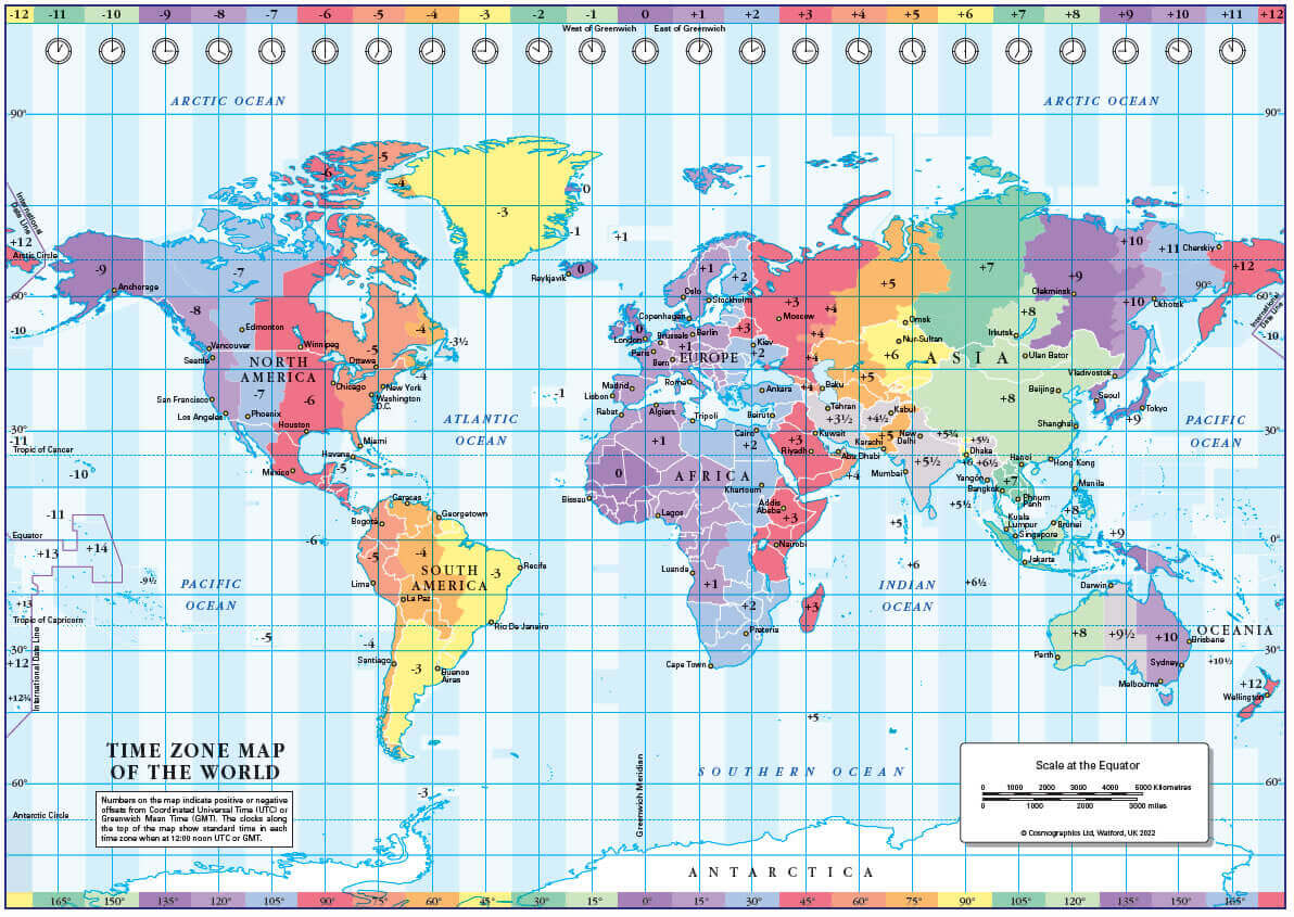 Carte des continents et fuseaux horaires avec Afrique