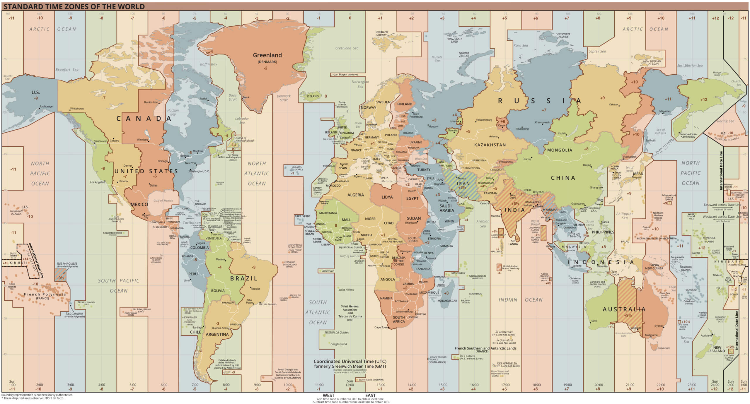 Carte des continents et fuseaux horaires du Monde