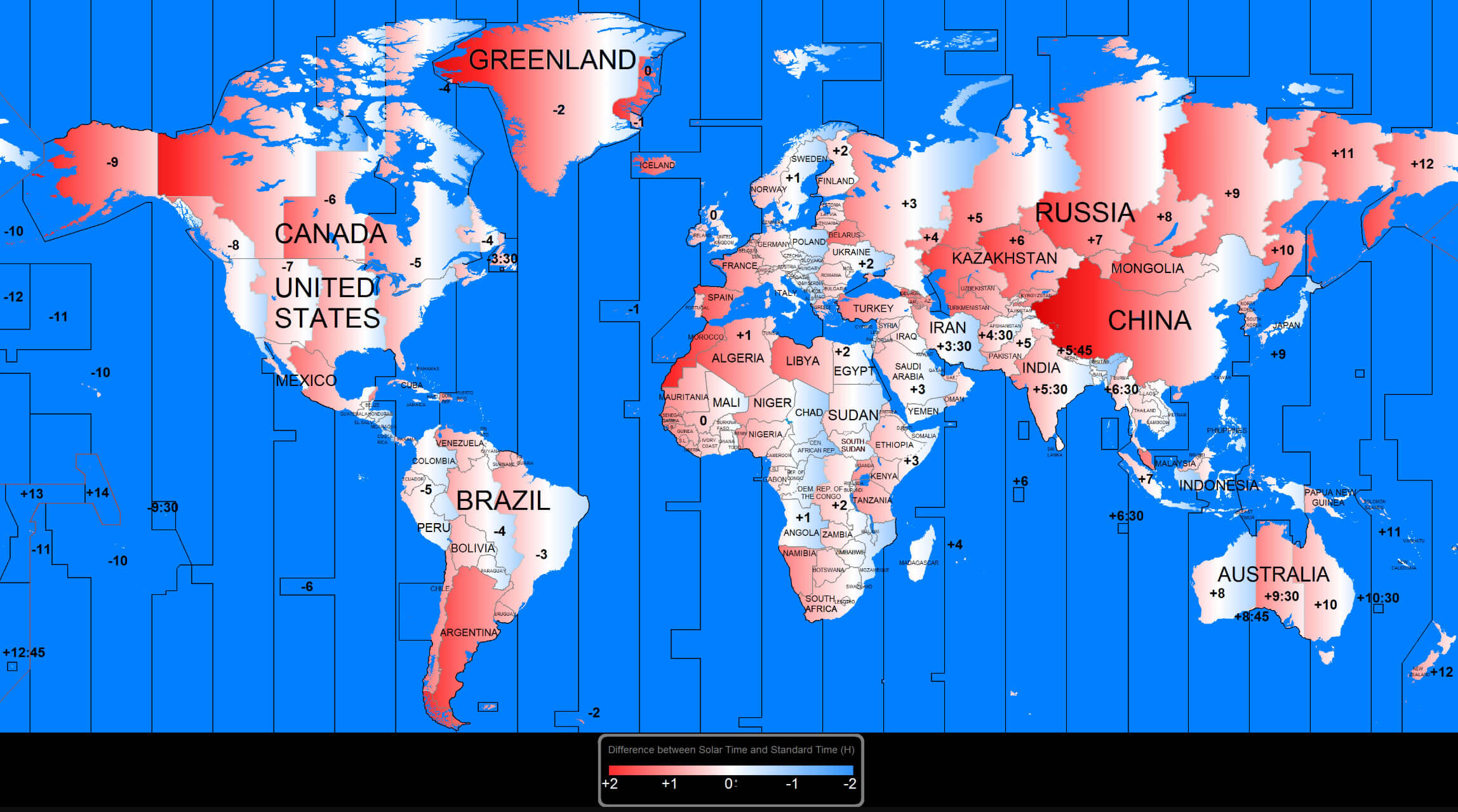 Carte des decalages horaires dans le Monde