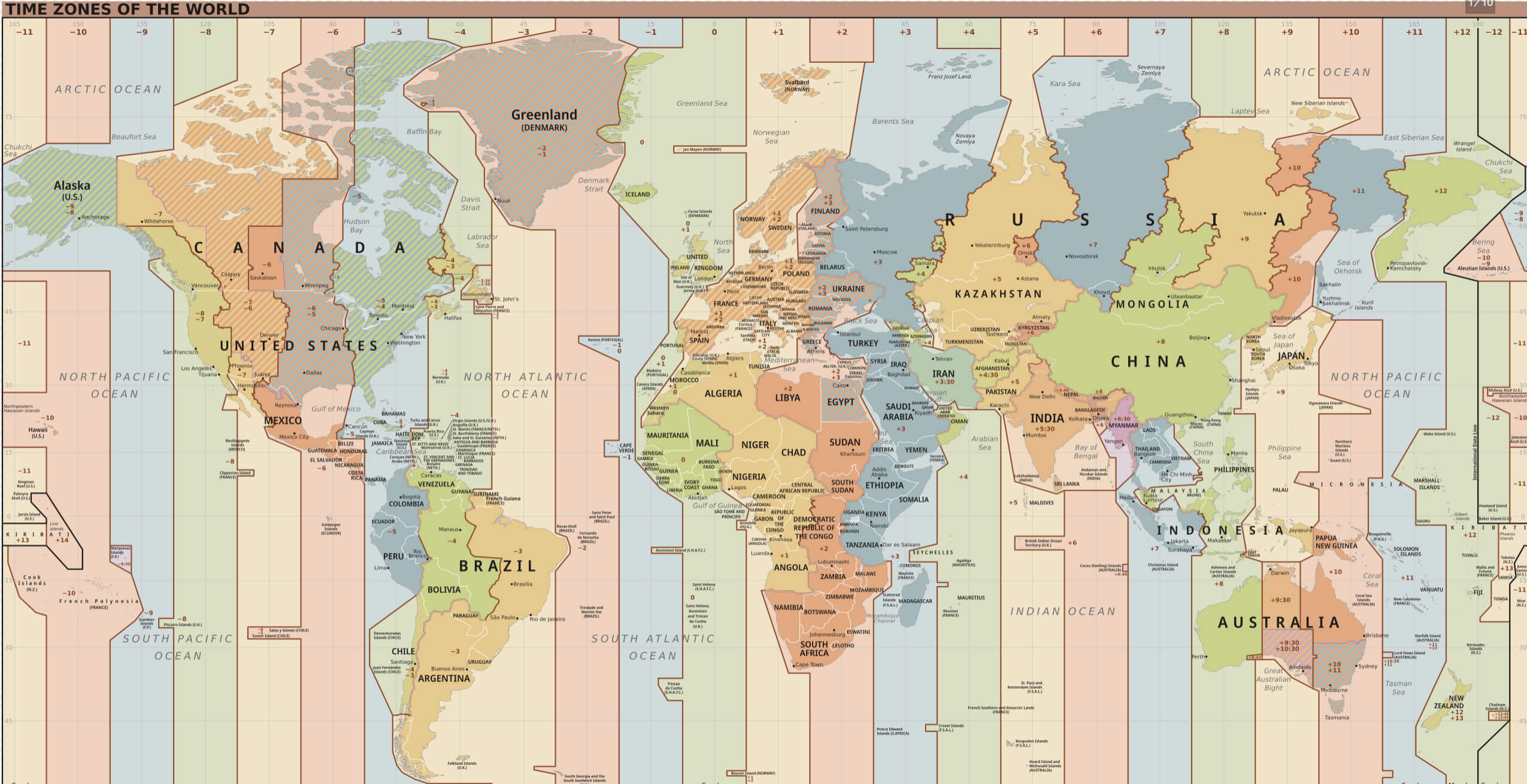 Carte des fuseaux horaires de la terre et du Monde