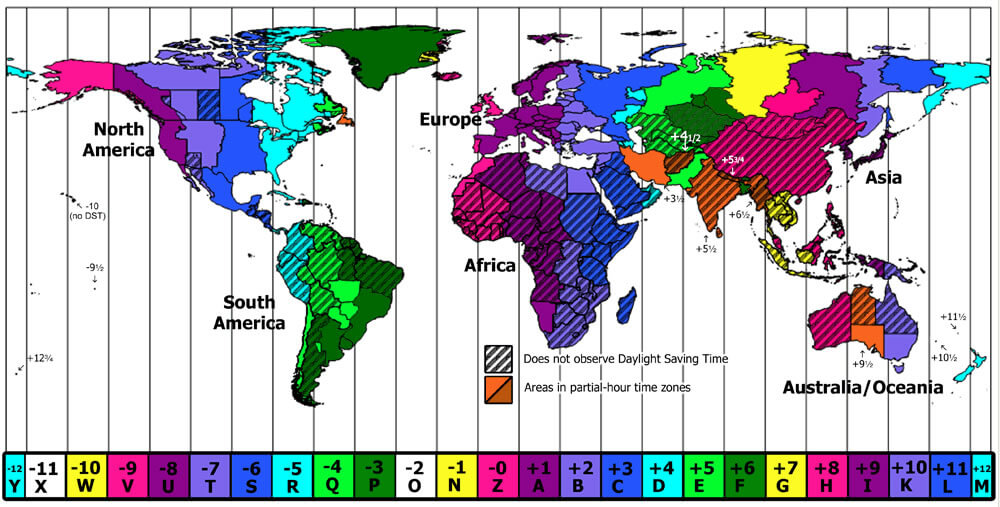 Carte des fuseaux horaires des continents du Monde