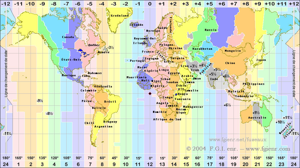 Carte des fuseaux horaires du Monde avec continents