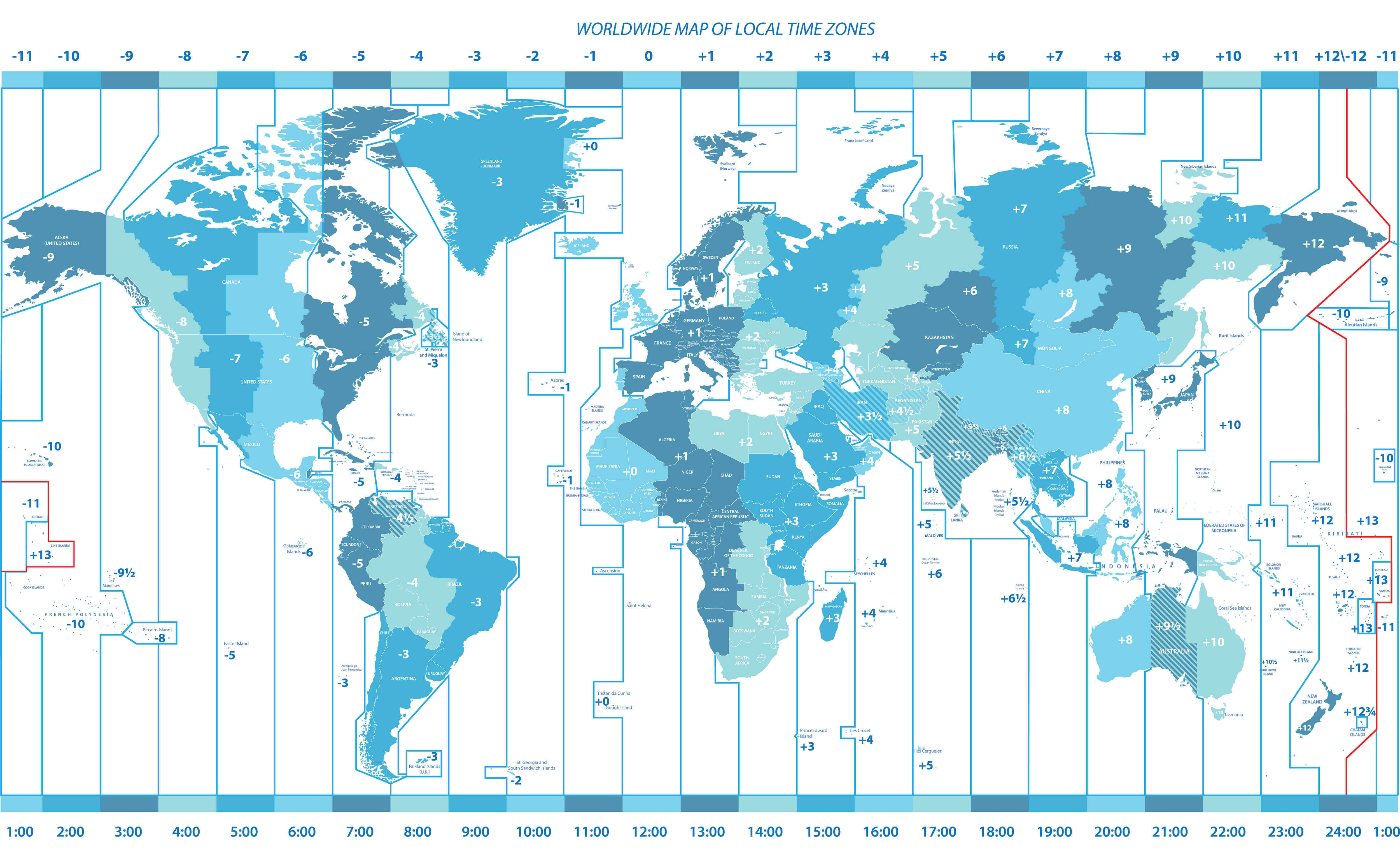 Carte des fuseaux horaires du Monde avec Etats Unis