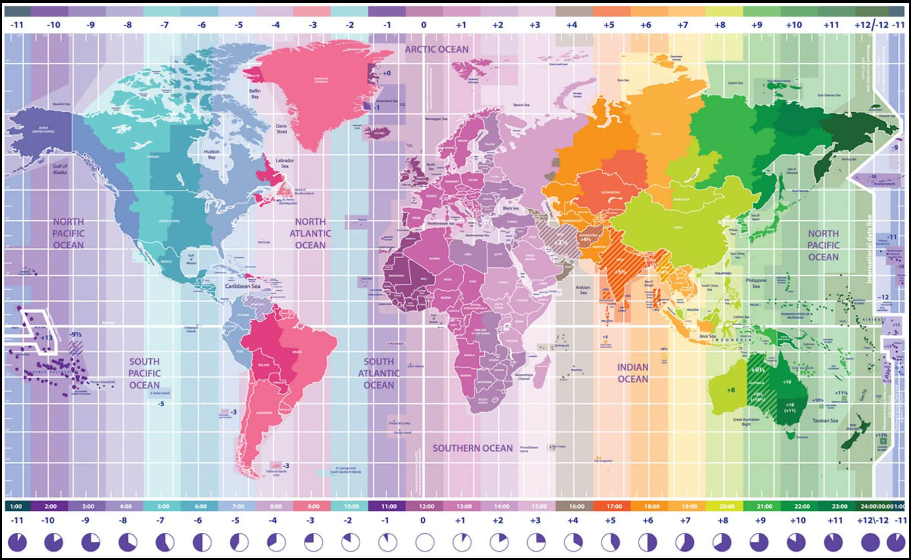 Carte des fuseaux horaires du Monde avec les regions