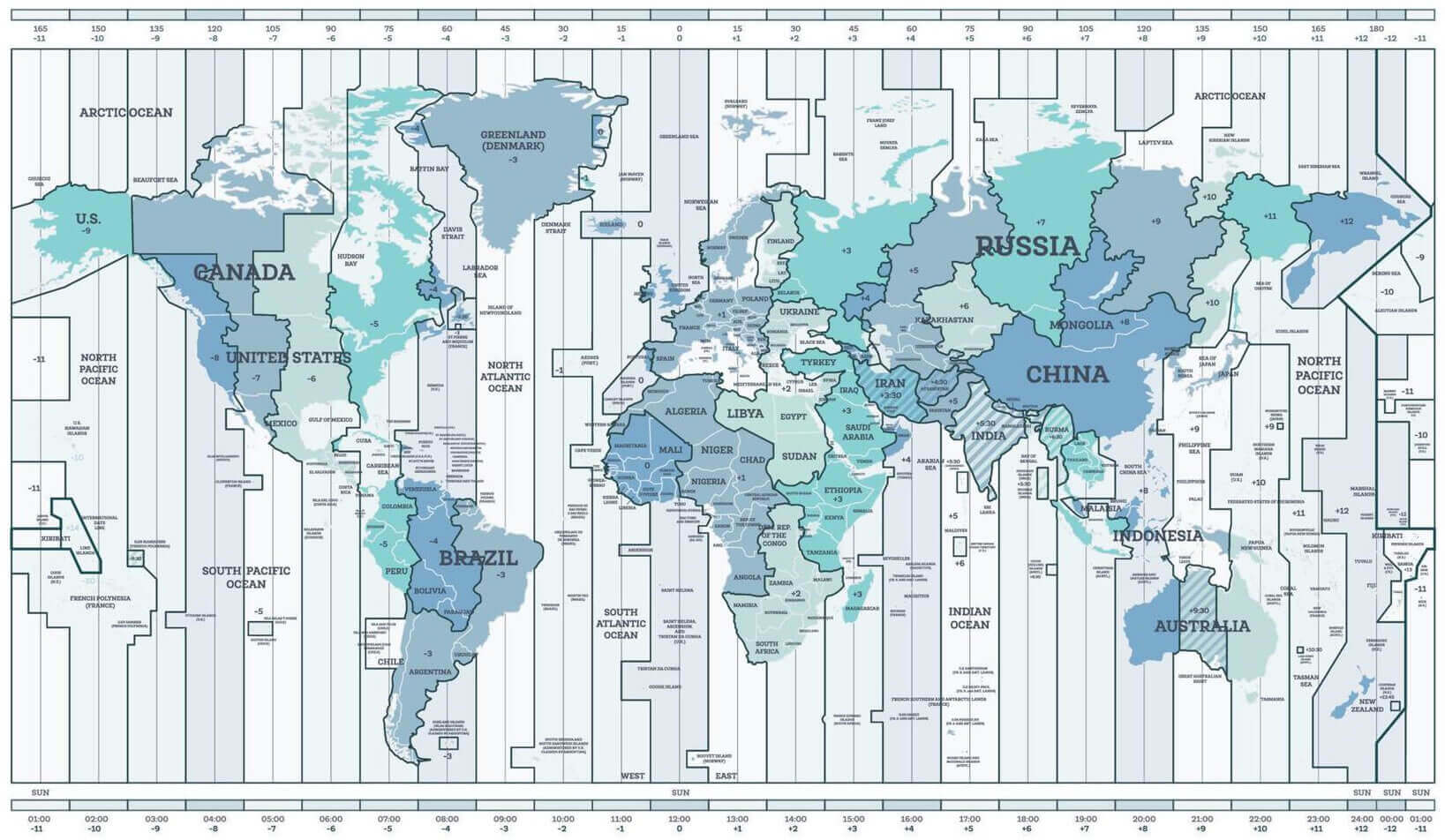 Carte des fuseaux horaires du Monde avec Royaume Uni