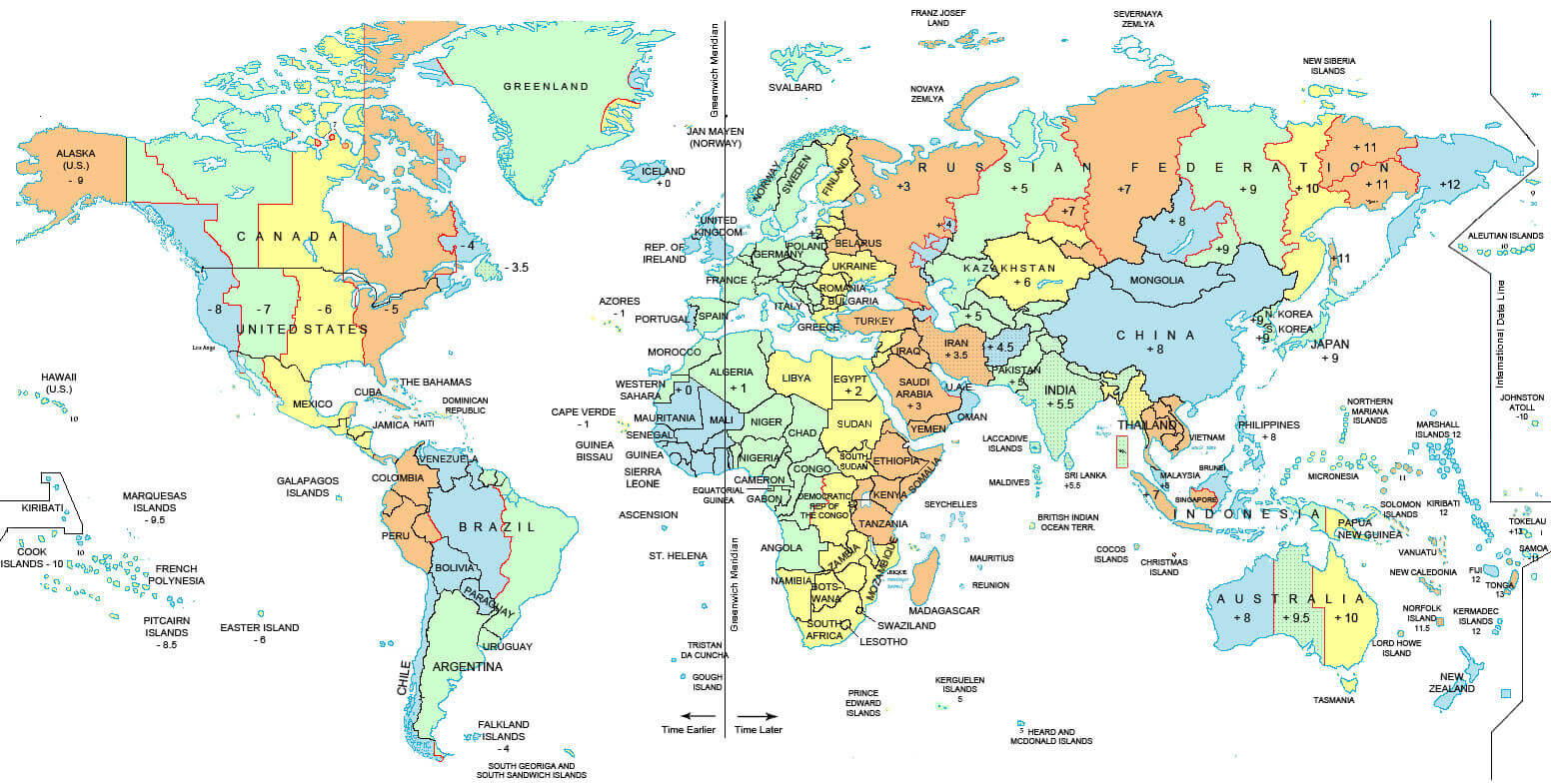 Carte des fuseaux horaires Royaume Uni et Monde