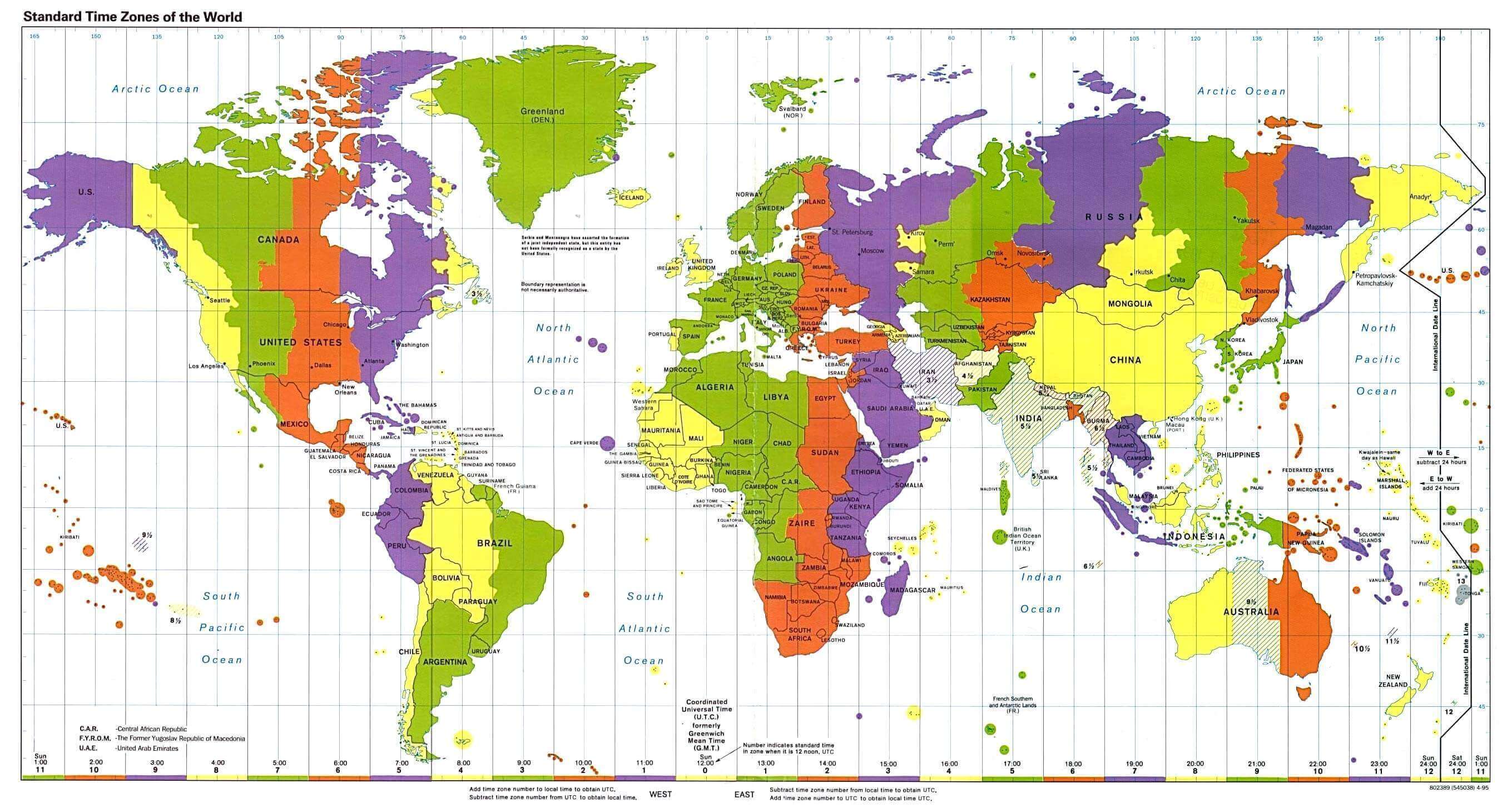 Carte des fuseaux horaires standard du Monde et des Etats Unis