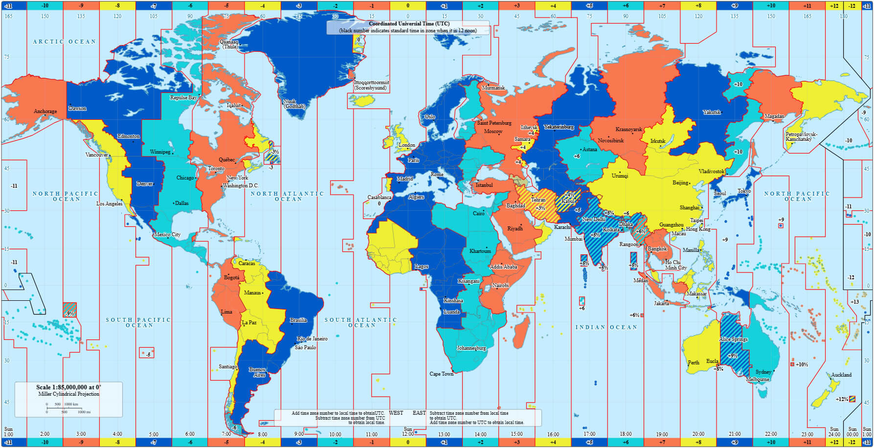 Carte des fuseaux horaires utc du Monde