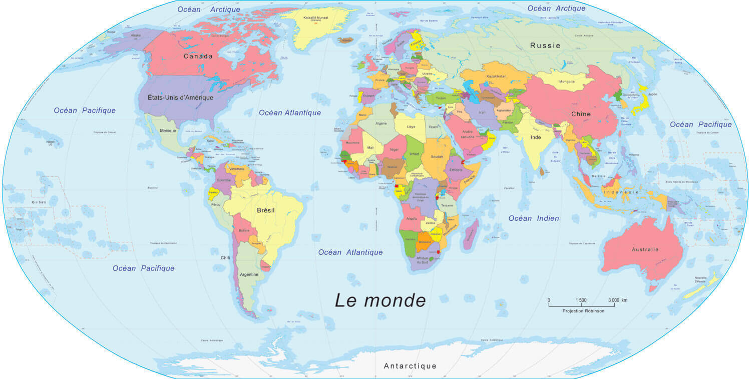Carte du Monde des fuseaux horaires en Francais
