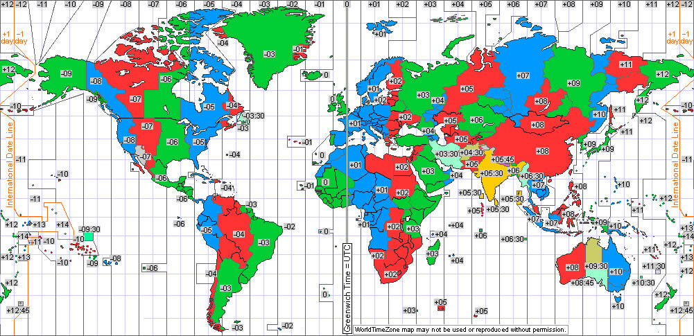 Carte imprimable gratuite des fuseaux horaires du Monde
