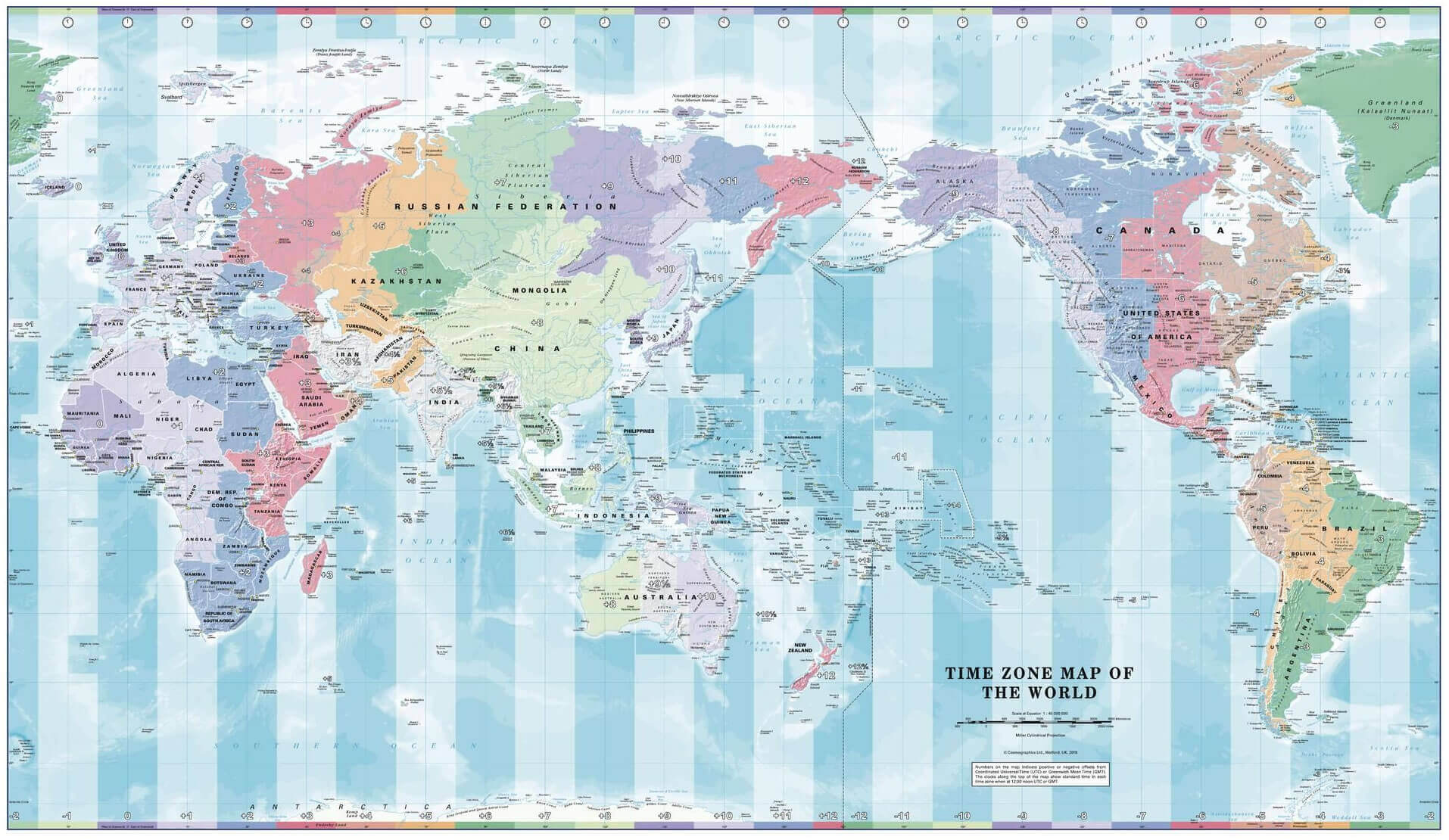 Carte murale fuseaux horaires du Monde centree sur le Pacifique