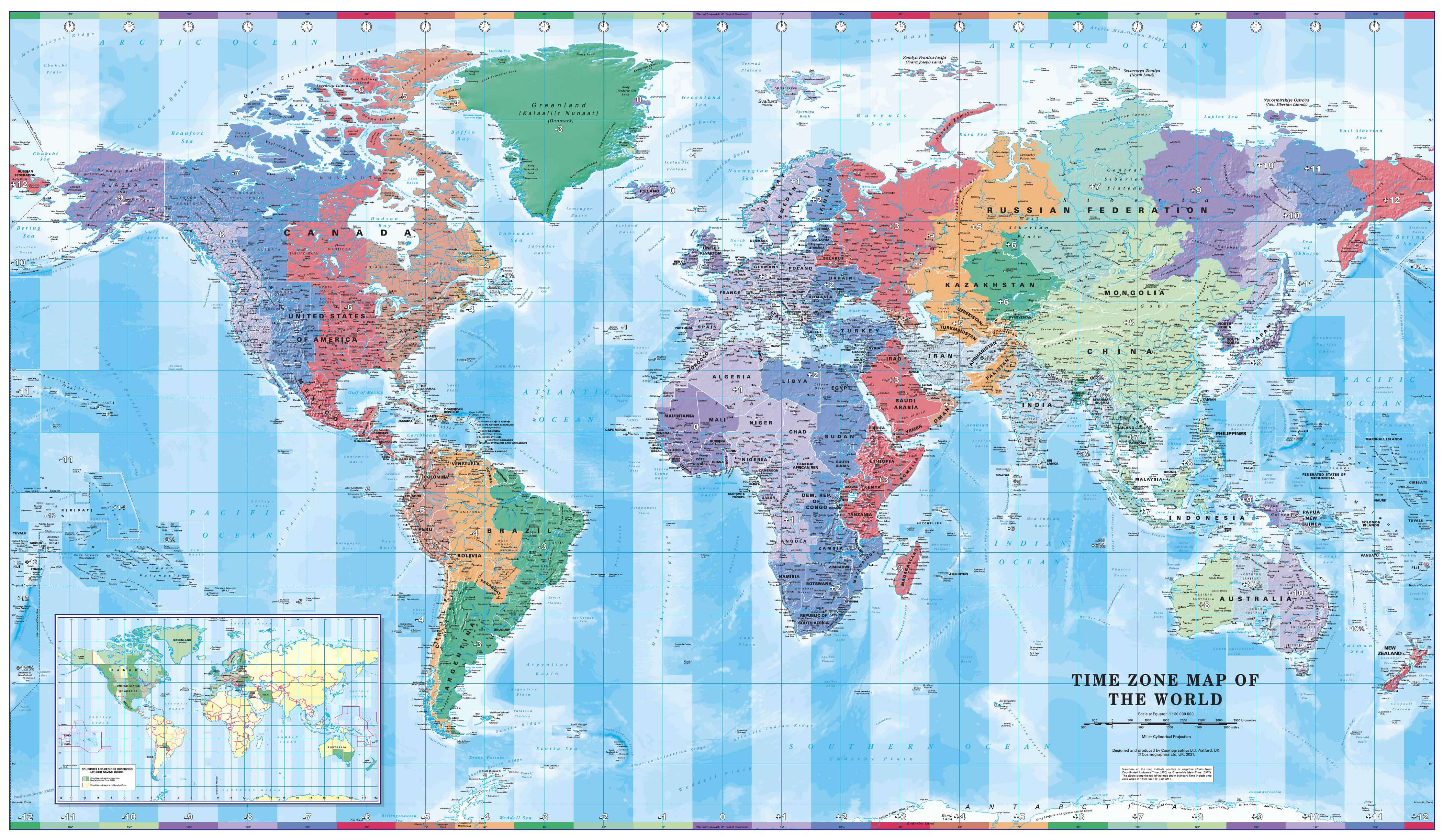 Grande Carte murale des fuseaux horaires du Monde	