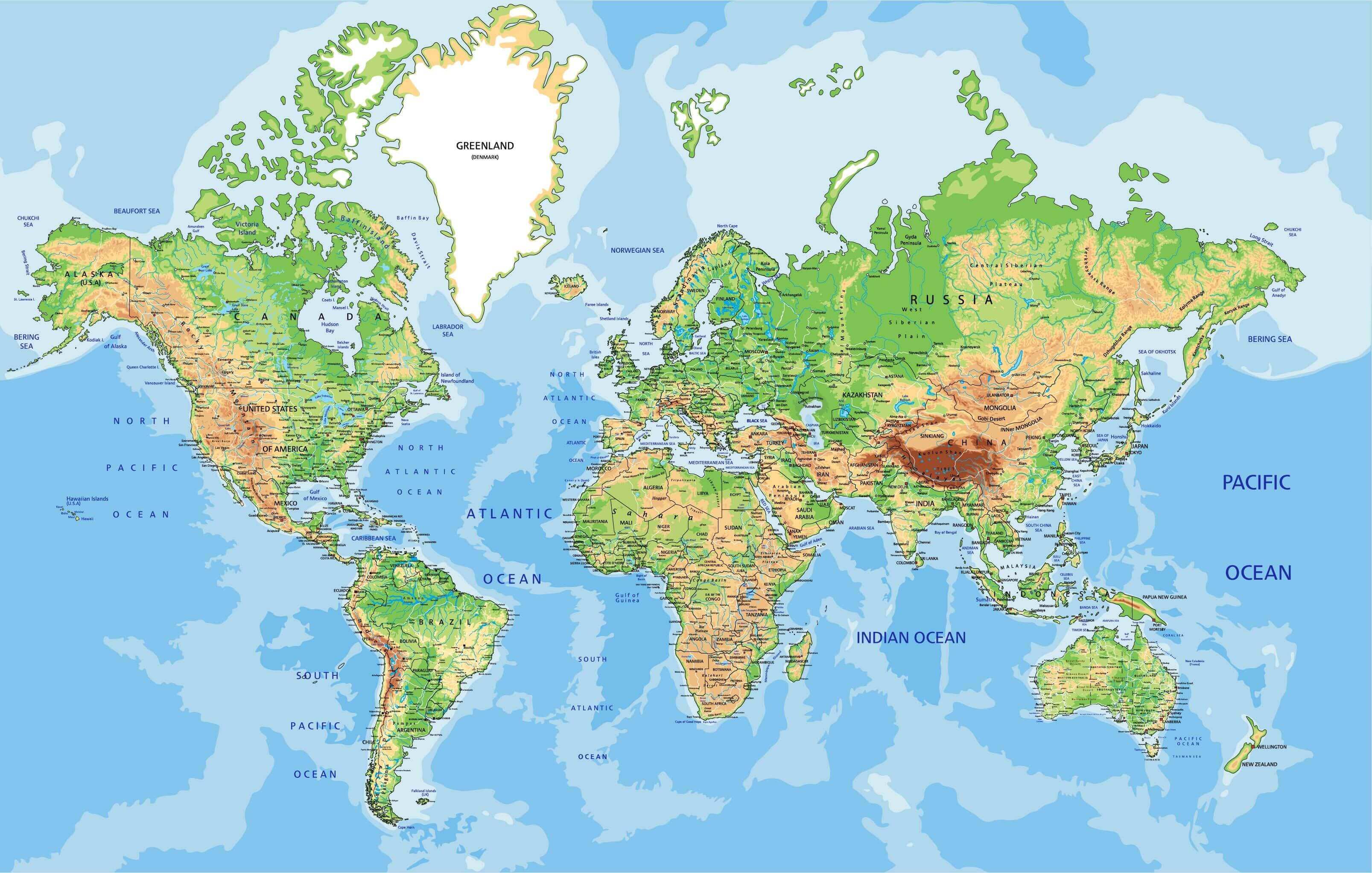 Carte physique du Monde gratuite