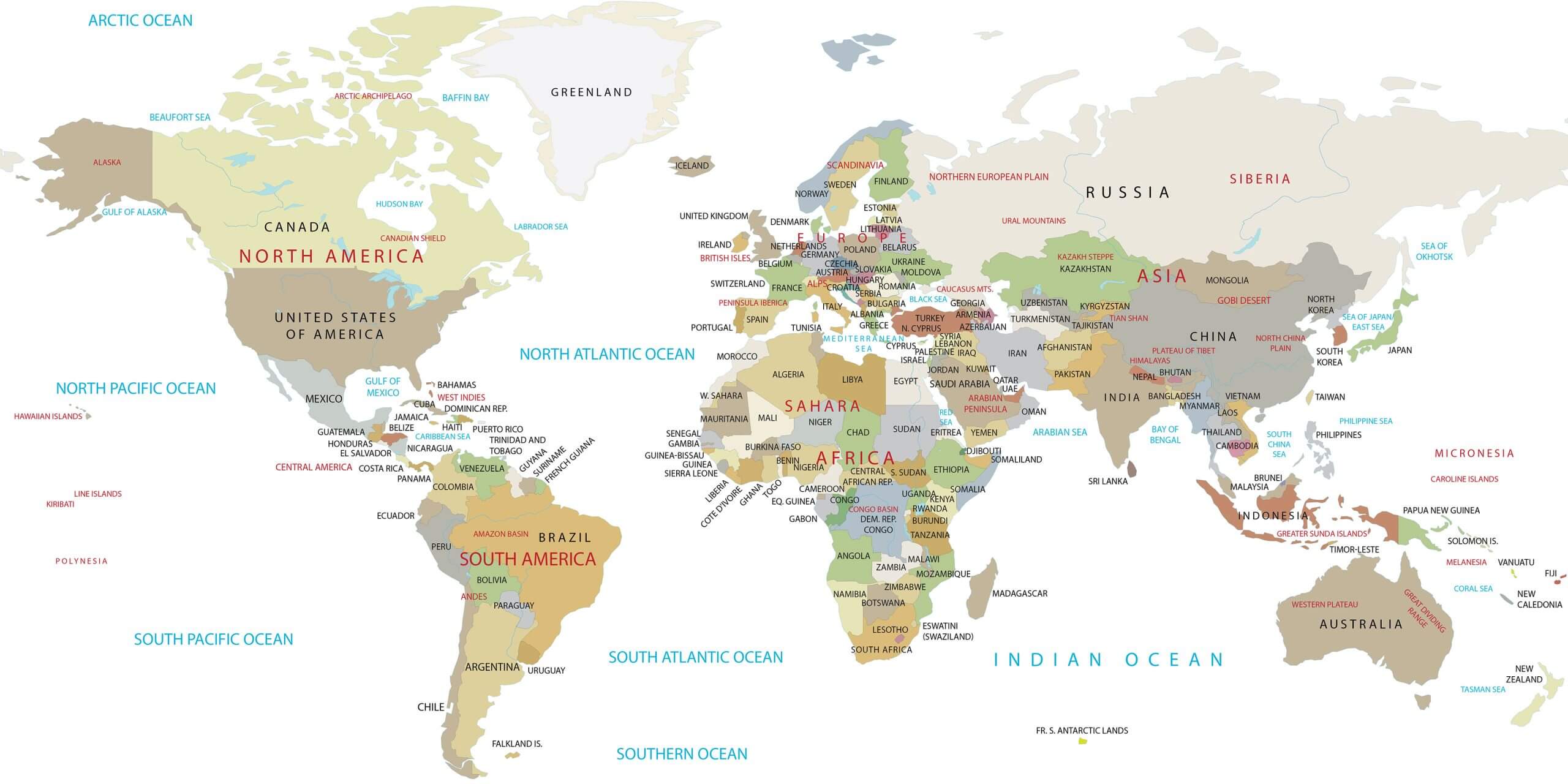 Carte du Monde haute resolution et continents