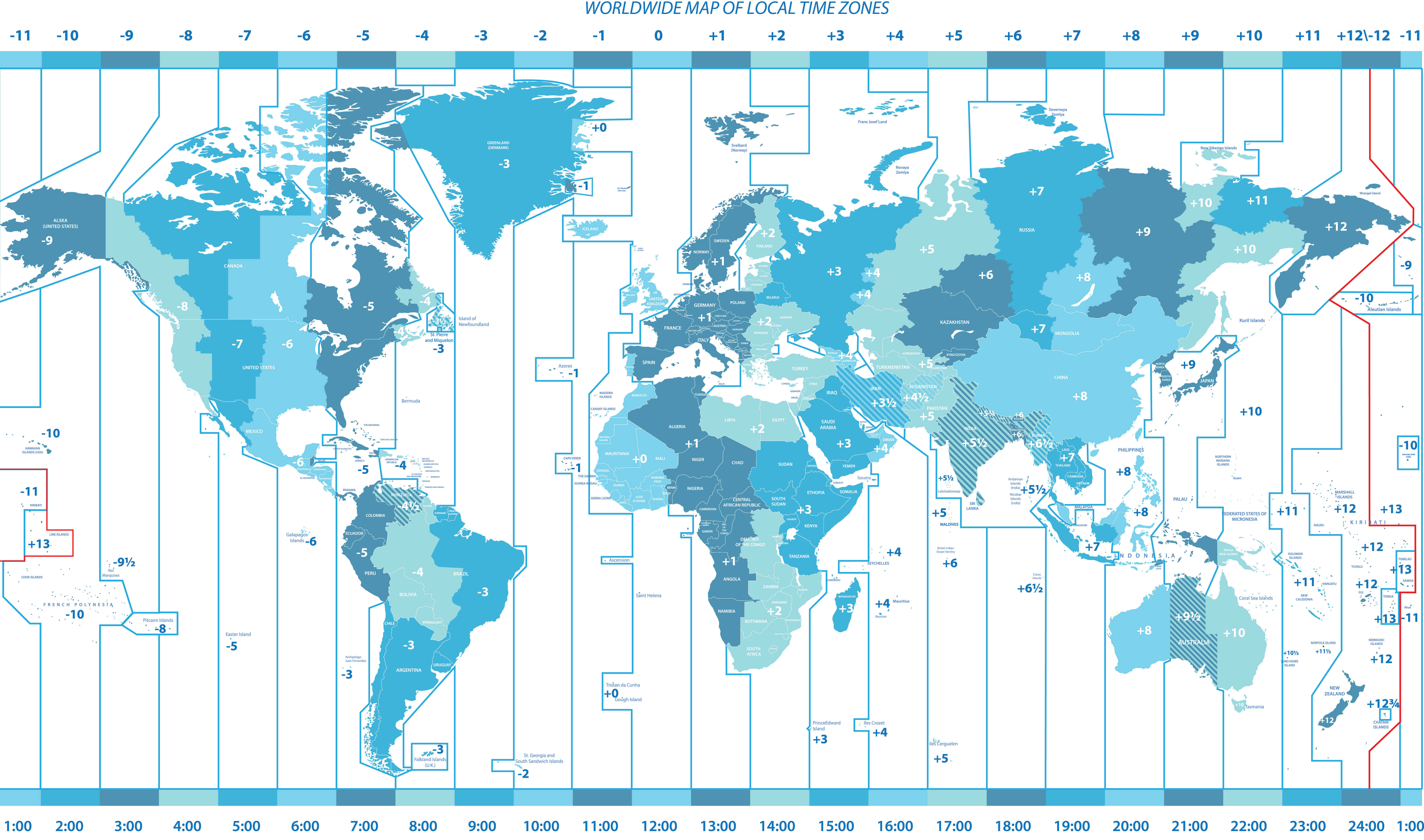 Carte politique mondiale des fuseaux horaires locaux haute resolution