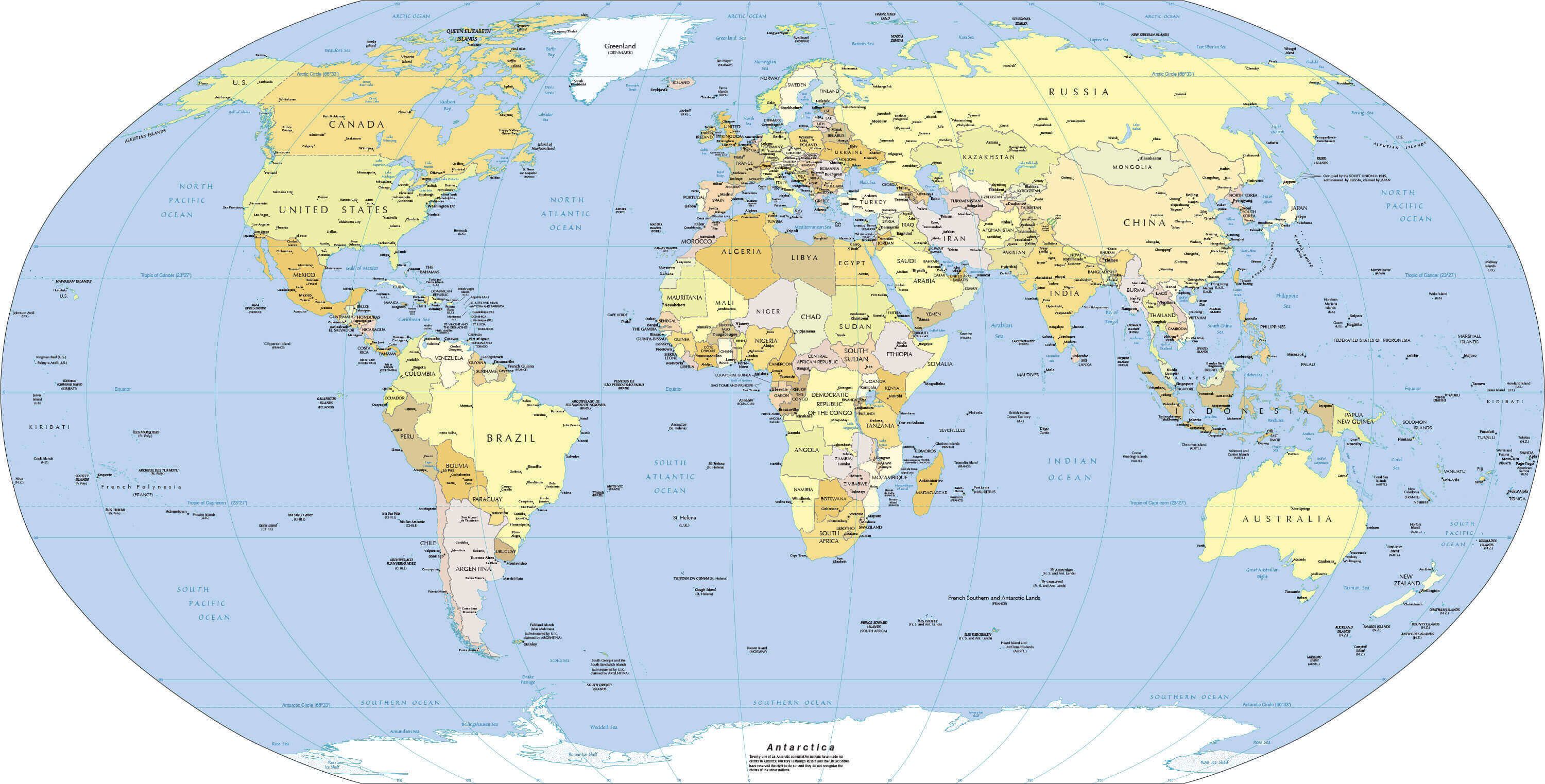 Carte du Monde avec pays et grandes villes a imprimer