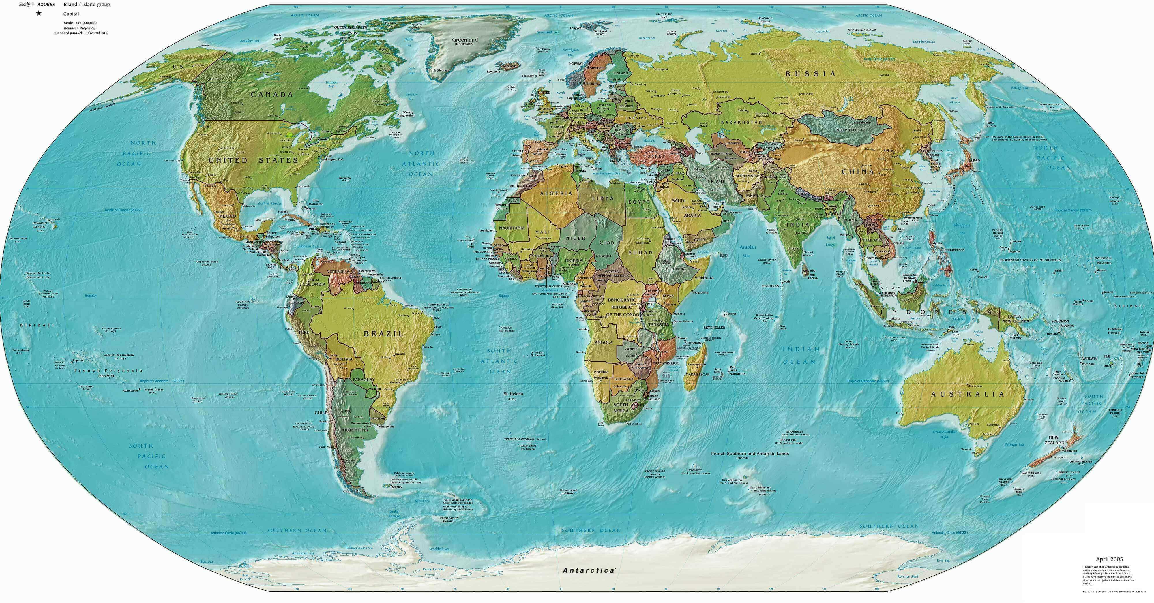 Carte du relief du Monde gratuite a imprimer