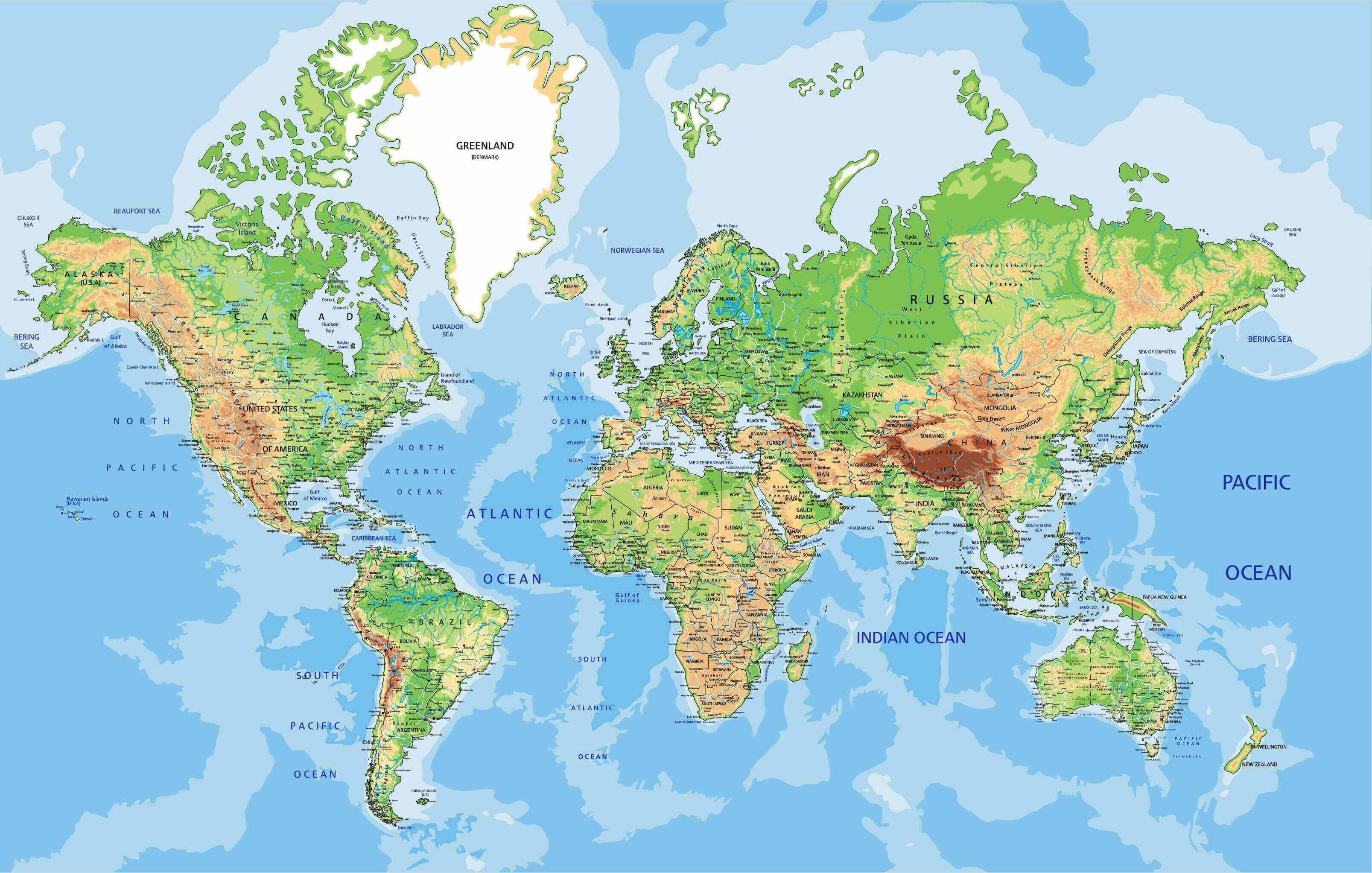 Carte physique du Monde avec villes a imprimer