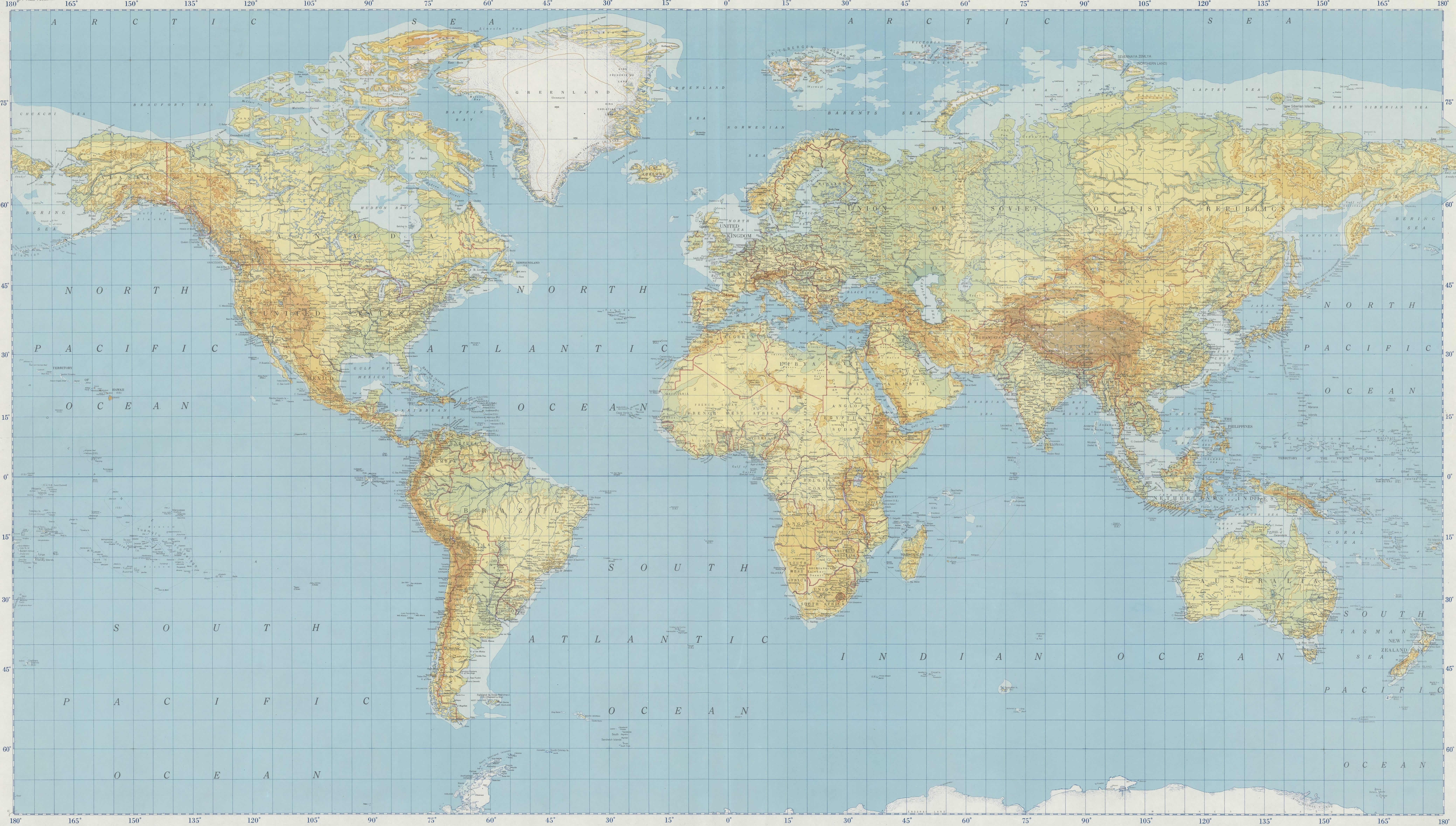 Carte physique du Monde imprimable haute resolution