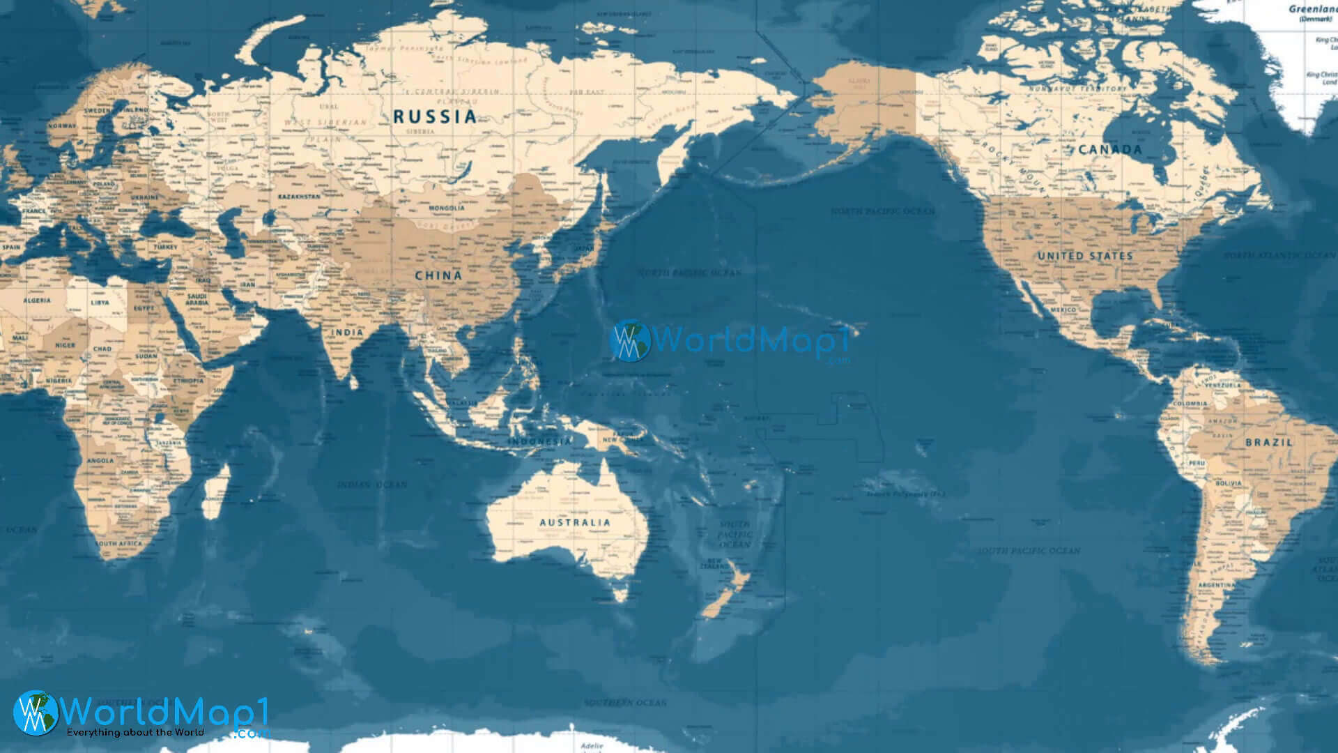 Carte des pays du Monde avec ocean pacifique