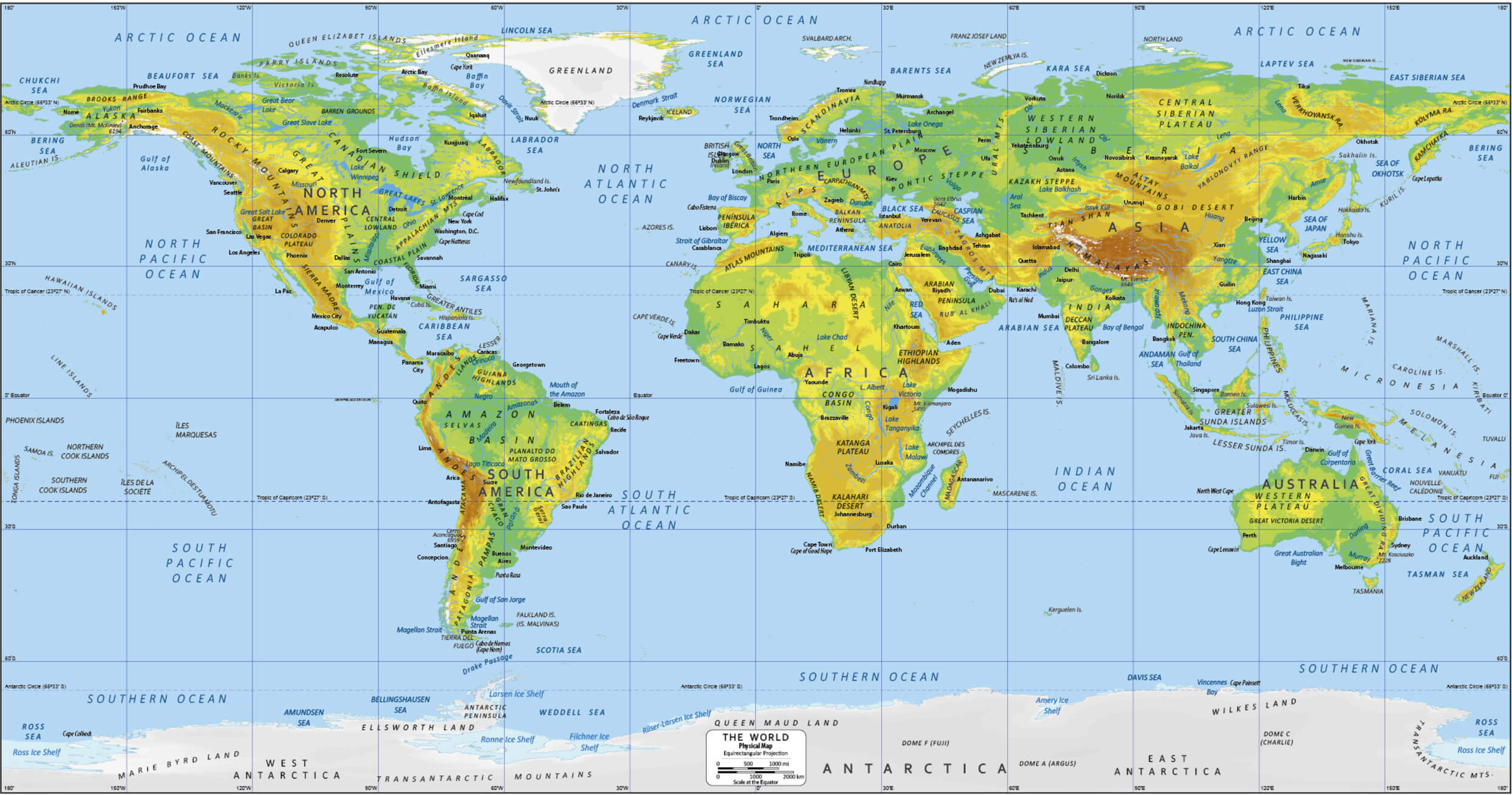 Carte du Monde avec pays montagnes fleuves plateaux