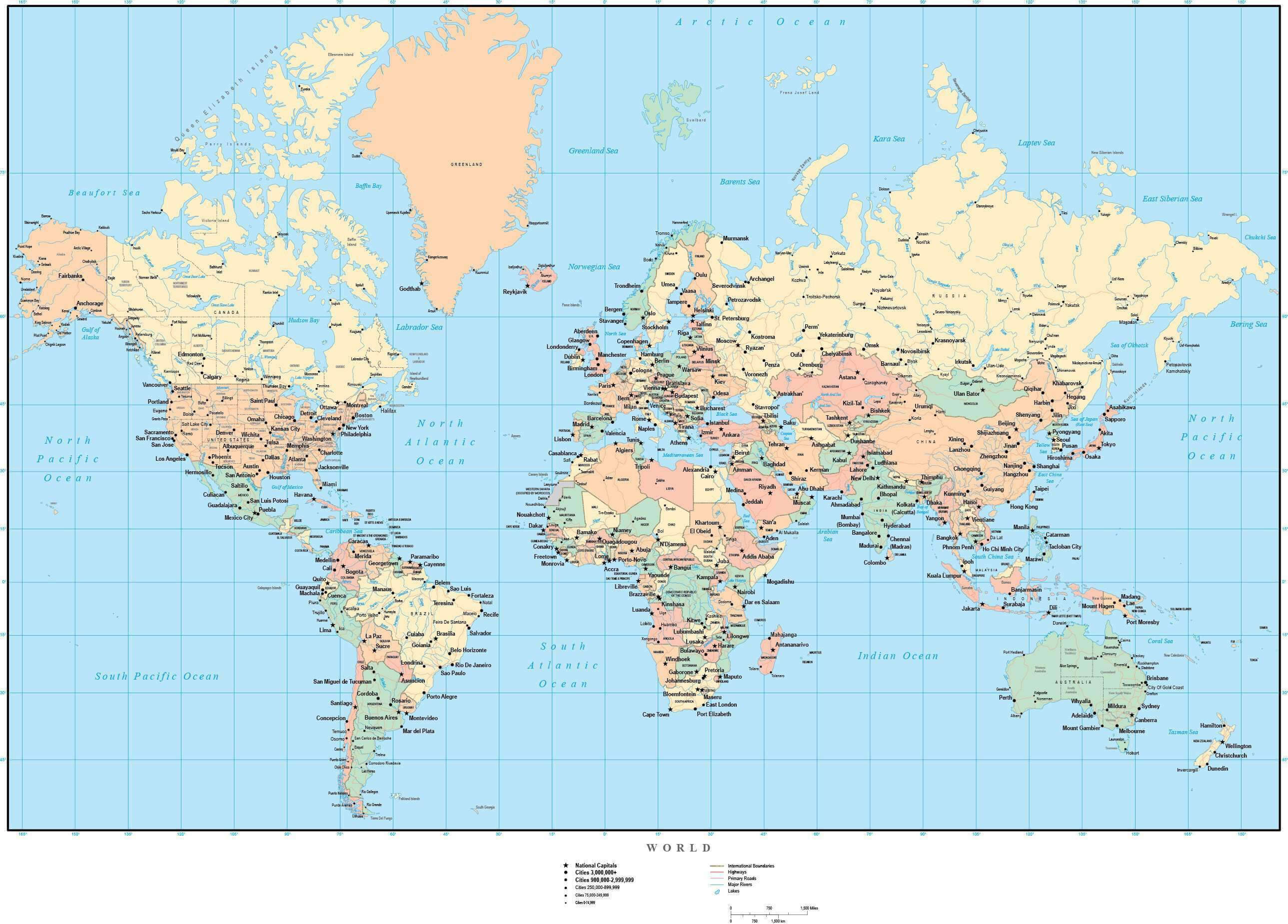 Carte du Monde pays capitales villes frontieres internationales
