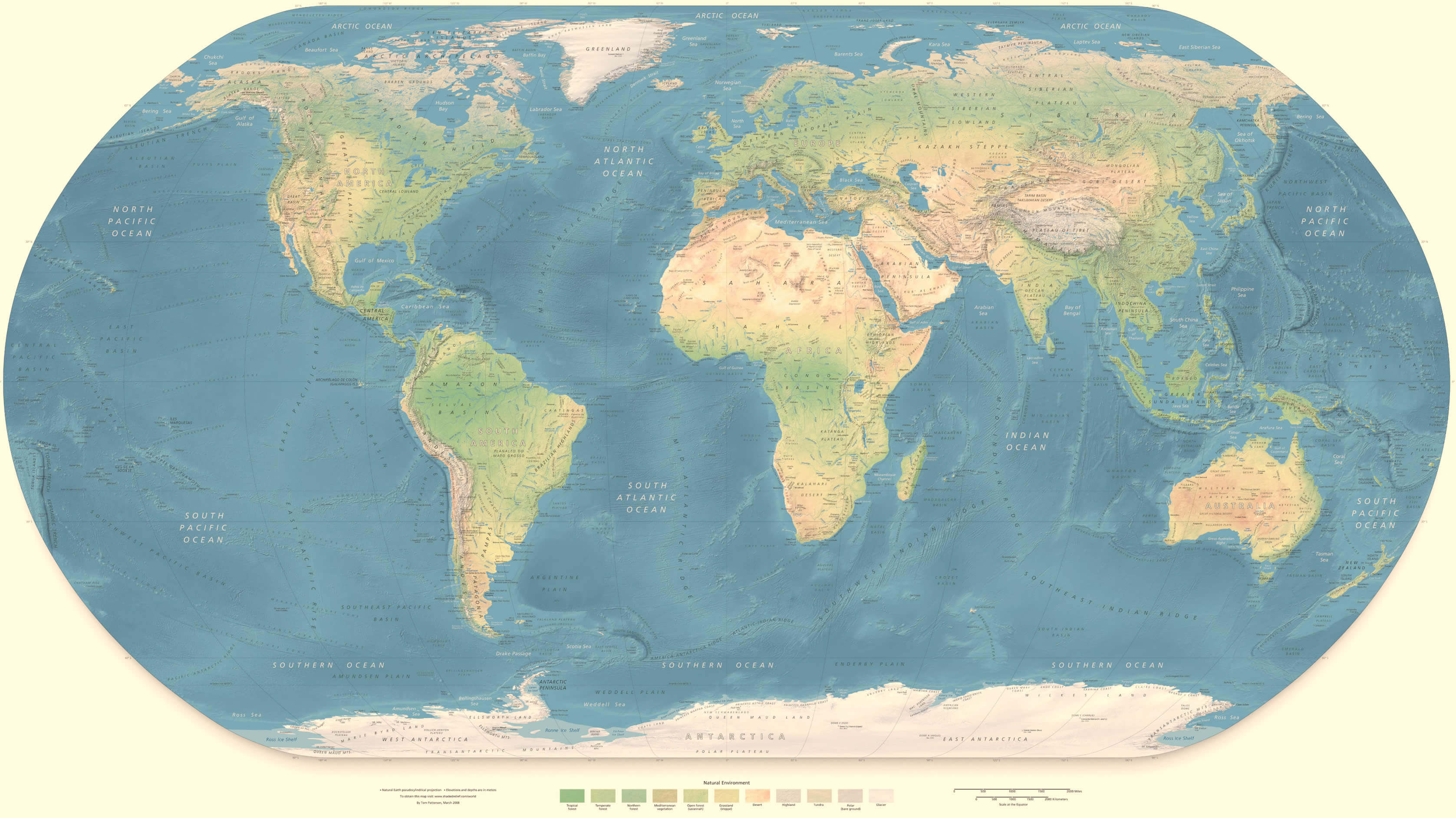 Carte physique du Monde avec continents et pays