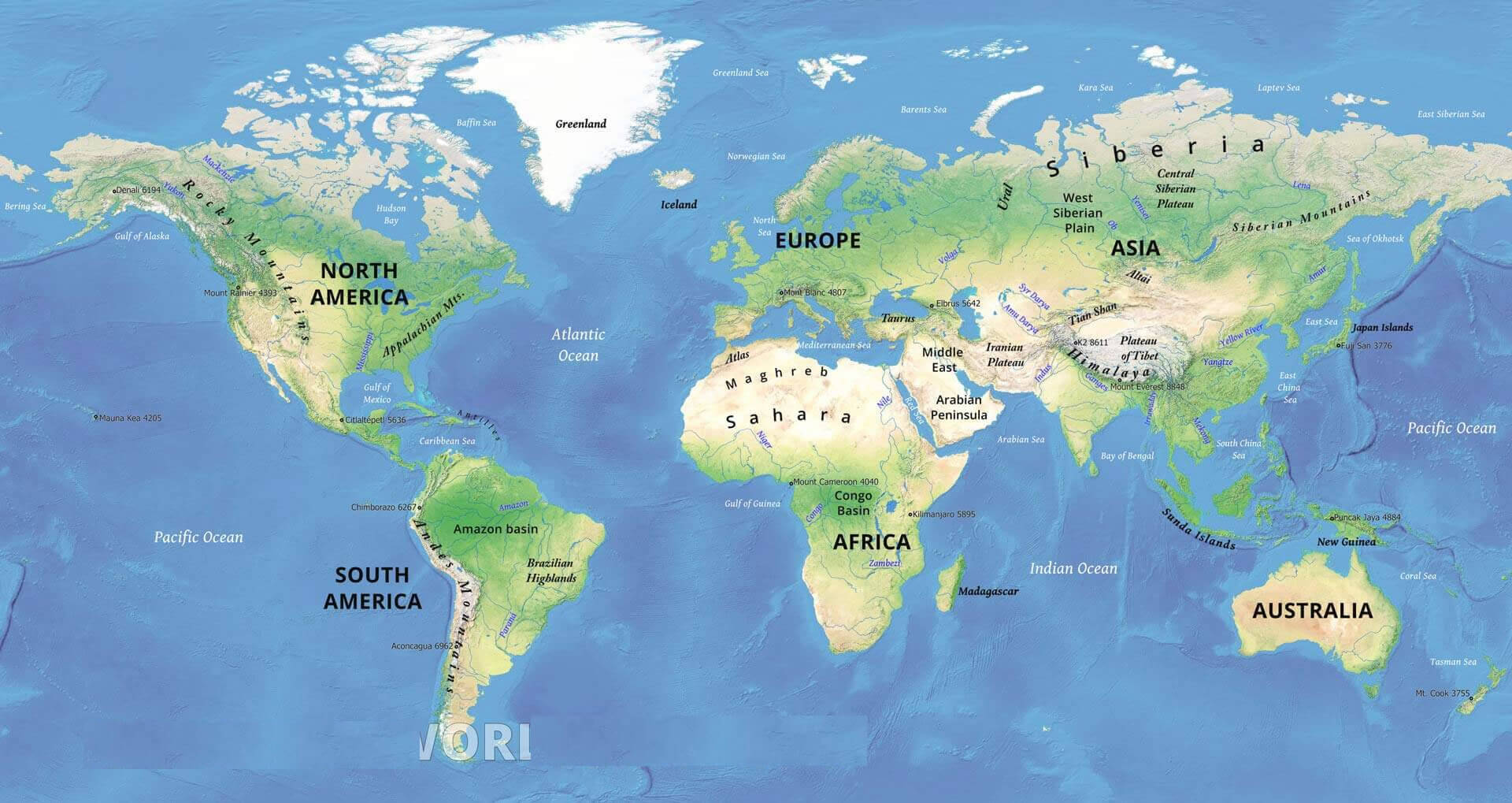 Carte physique des continents du Monde