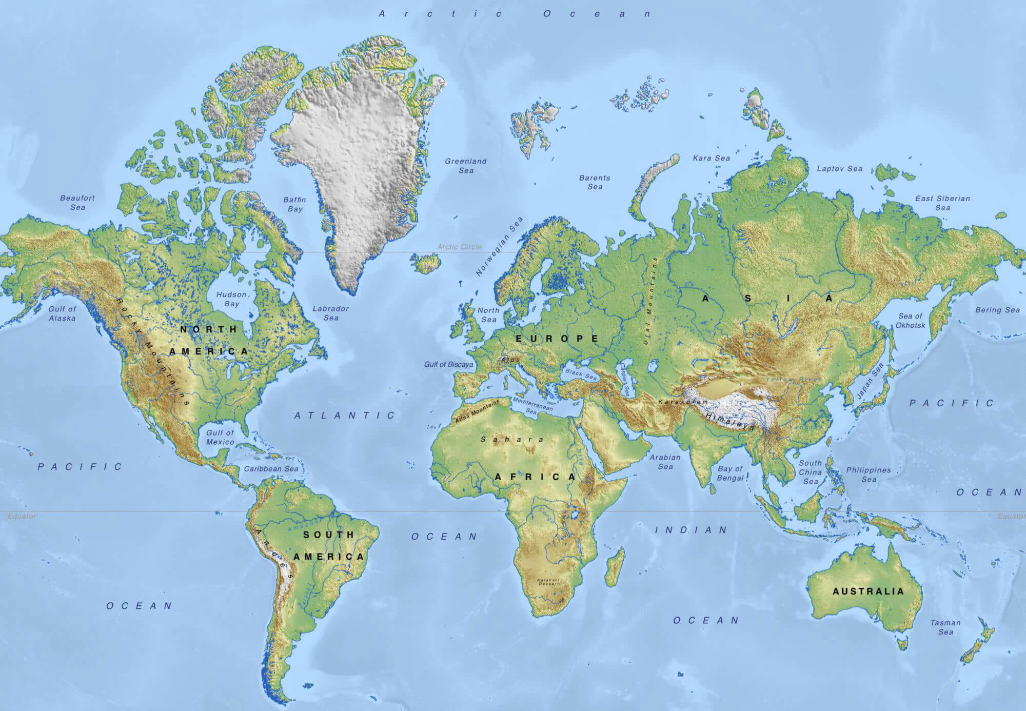 Carte physique du Monde avec continents et oceans