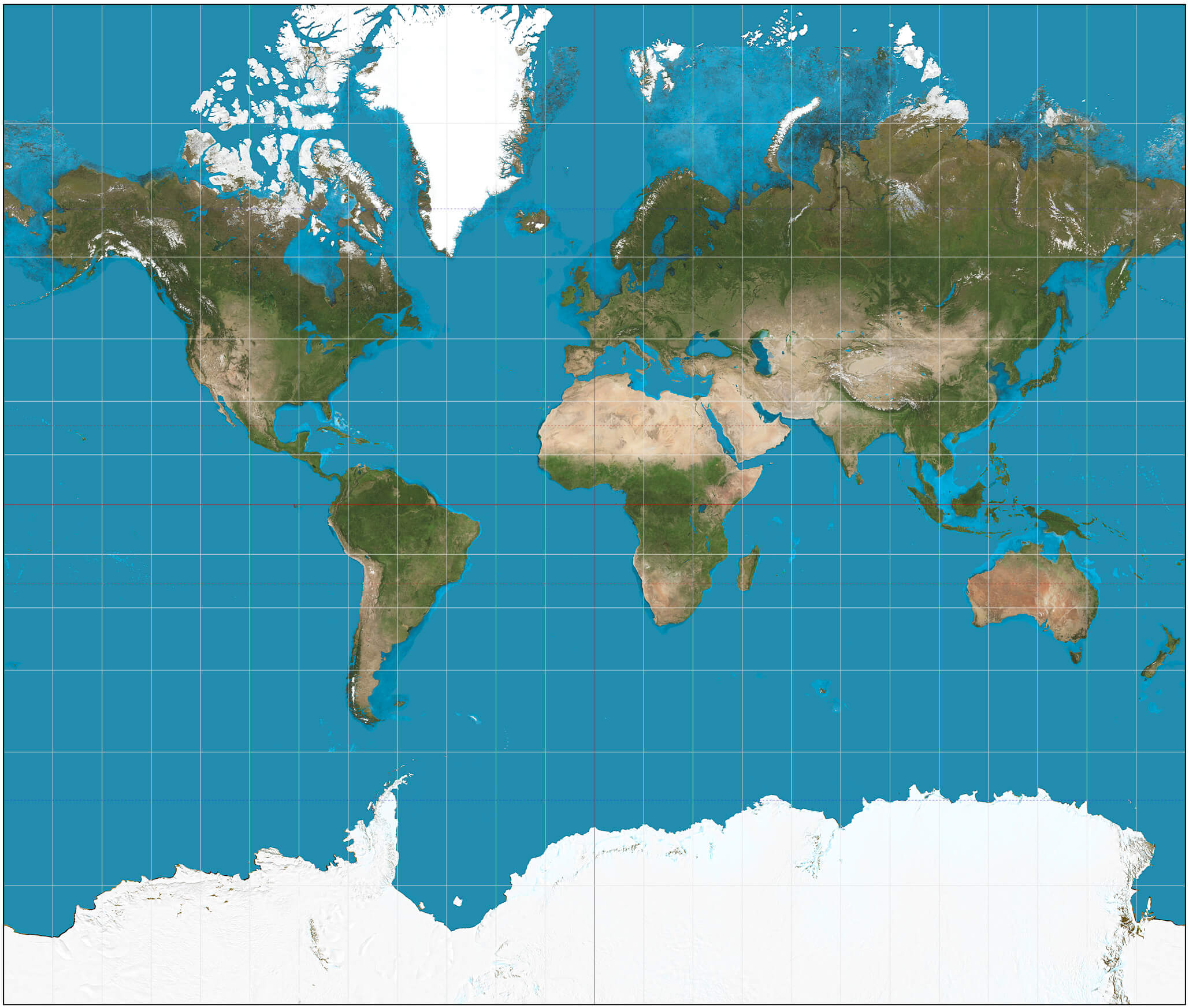 Carte physique du Monde avec groenland et pole sud