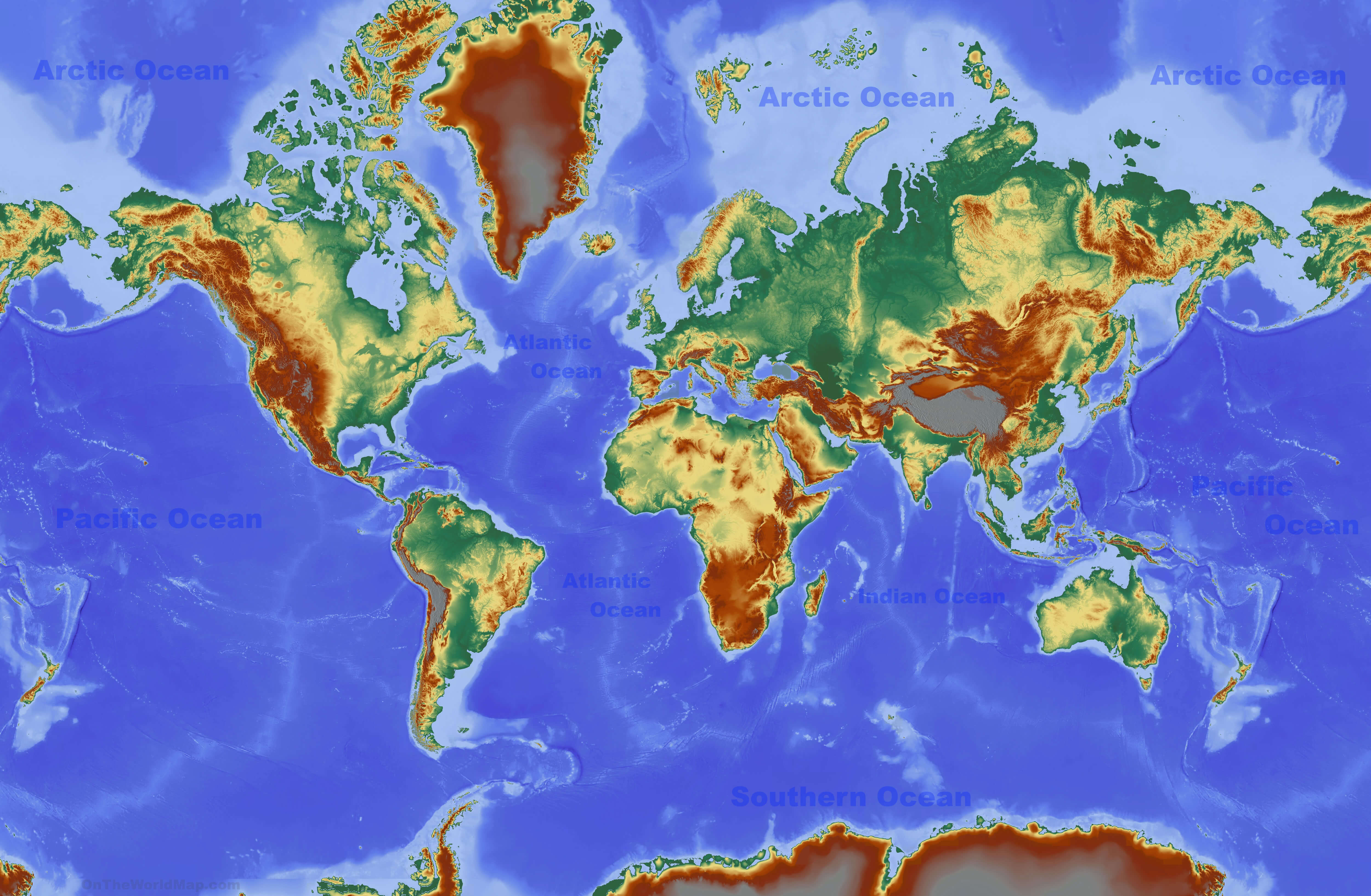 Carte physique du Monde avec oceans