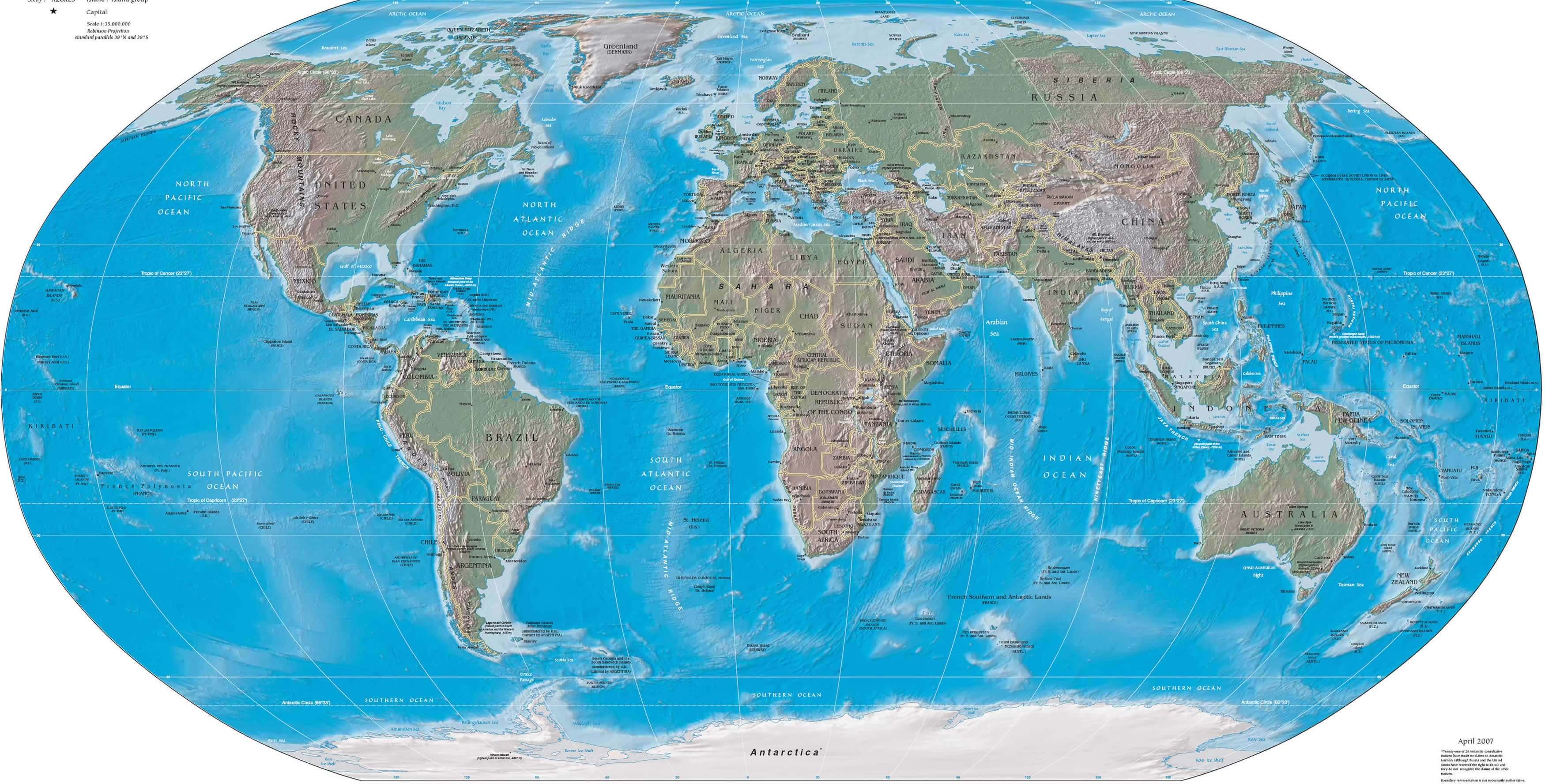 Carte physique du Monde avec pays